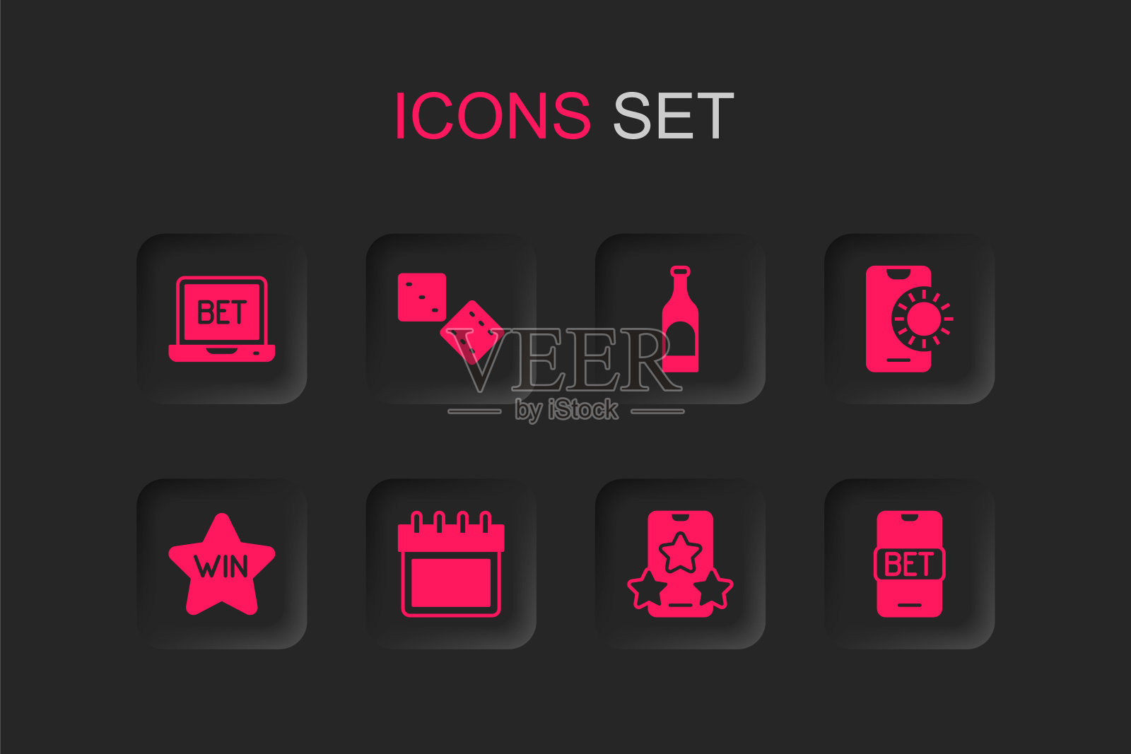 集日历，游戏骰子，在线体育投注，一瓶葡萄酒和赌场图标。向量插画图片素材