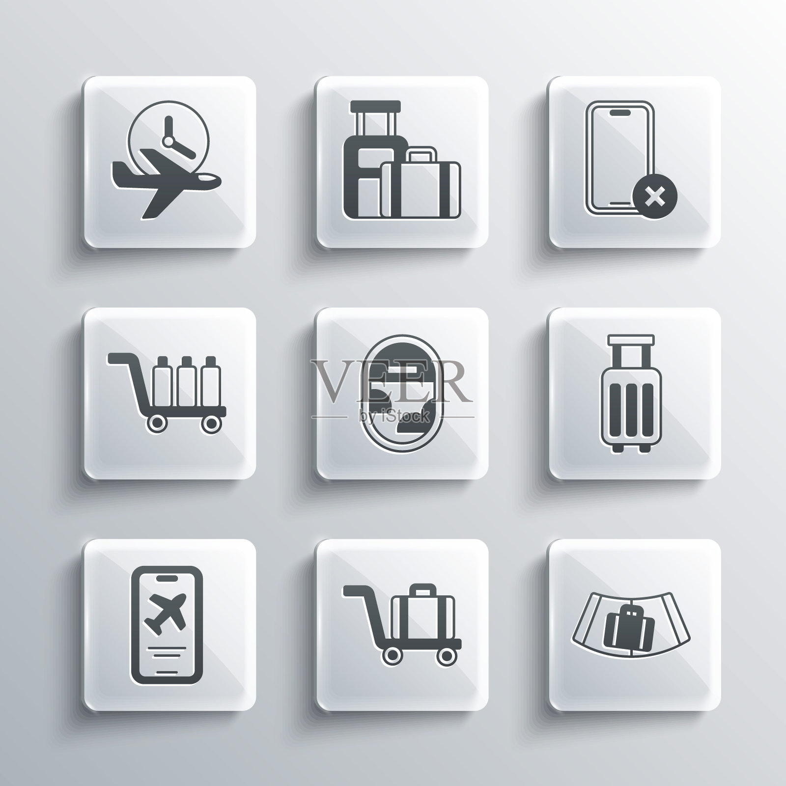 设置手推车行李，带行李箱的传送带，行李箱，飞机窗口，手机机票，飞行时间和无手机图标。向量插画图片素材