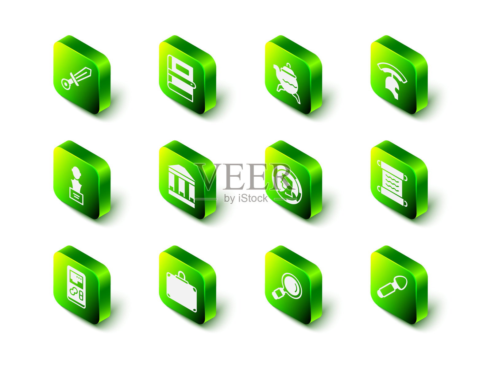 集书，经典茶壶，罗马军队头盔，莎草纸卷轴，银勺子，古钱币，放大镜和行李箱图标。向量插画图片素材