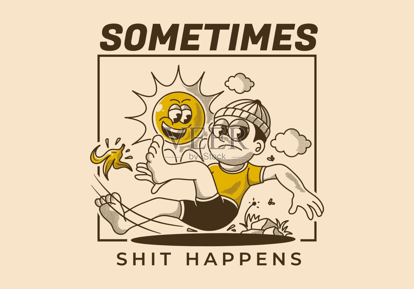 有时候，糟糕的事情发生了。一个男孩摔倒在香蕉皮上的复古插图插画图片素材