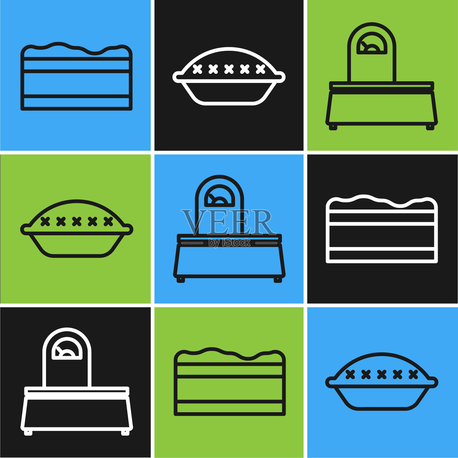 设置线布朗尼巧克力蛋糕，鳞片和自制派图标。向量插画图片素材