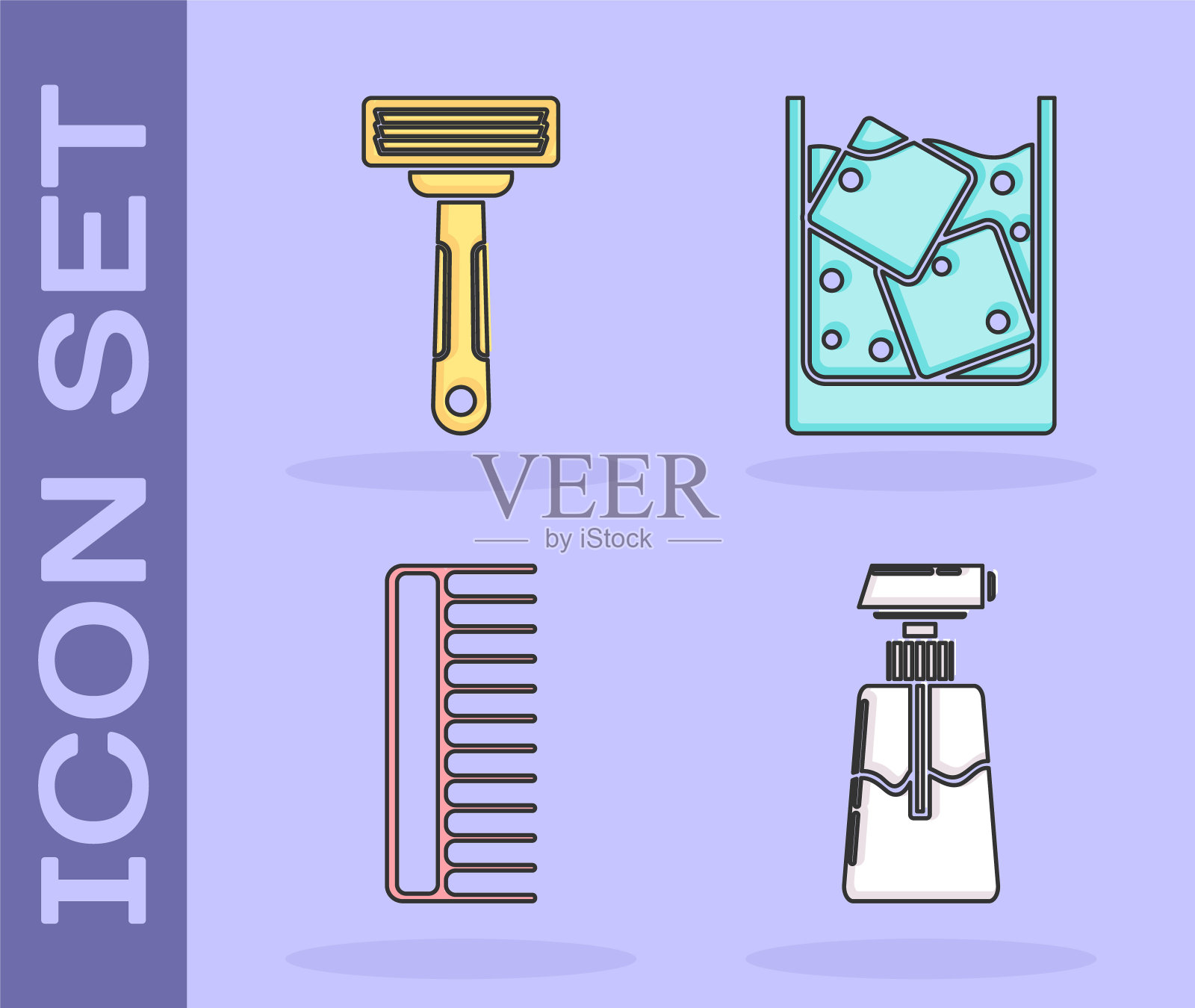 套装面霜或乳液化妆管，剃须刀，发刷和一杯威士忌和冰块图标。向量插画图片素材