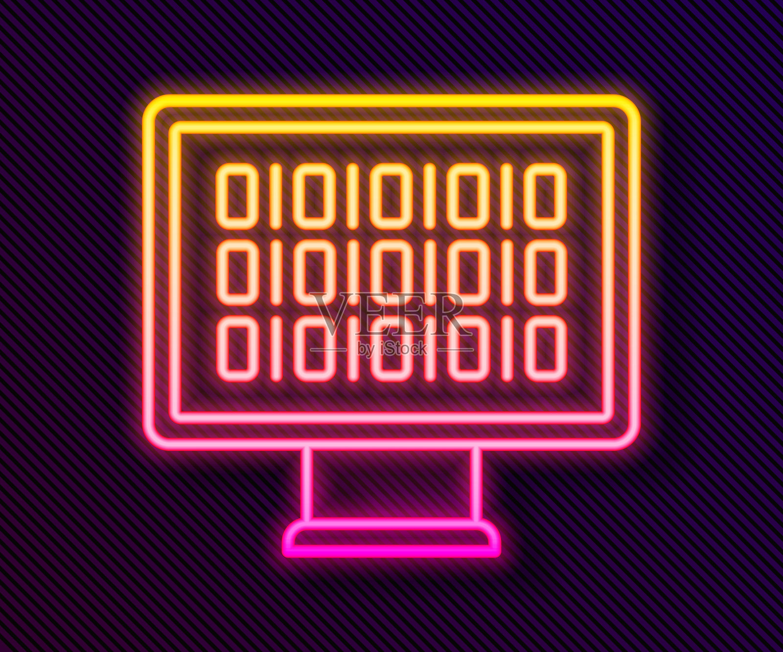 发光的霓虹线二进制代码图标孤立的黑色背景。向量插画图片素材