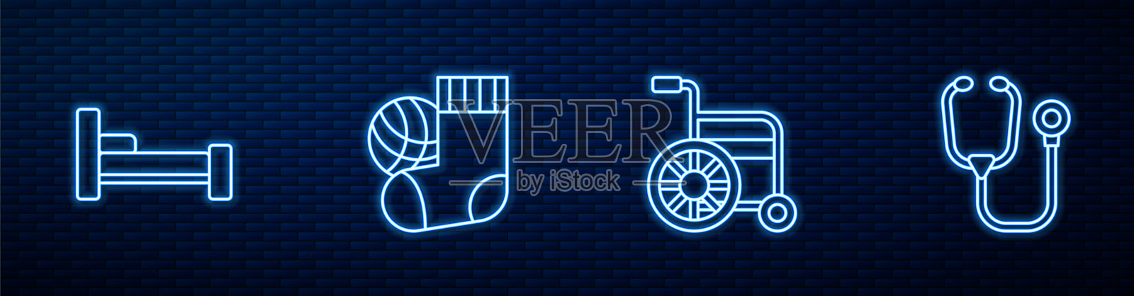 主营轮椅，床，袜子和听诊器。砖墙上发光的霓虹灯图标。向量插画图片素材