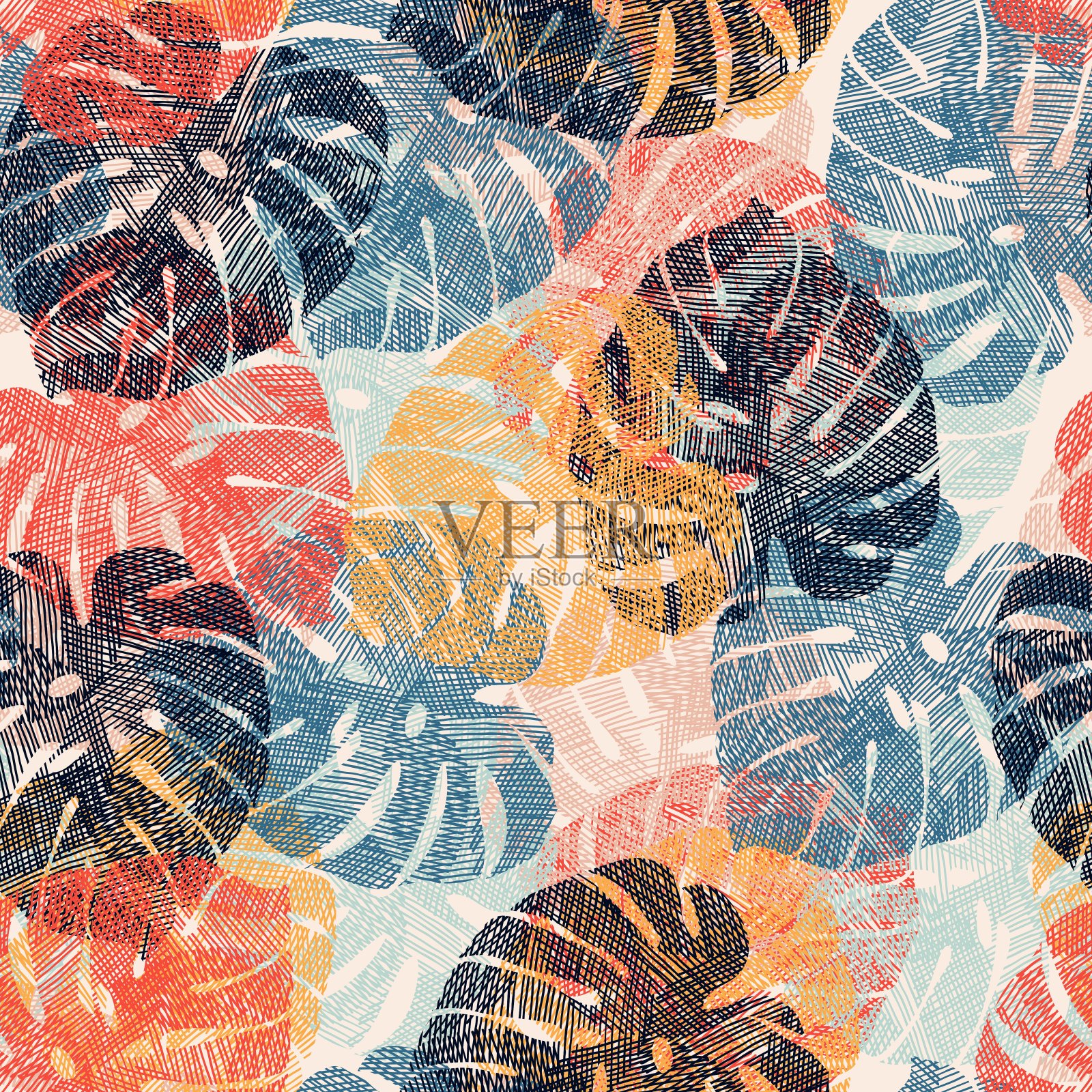 热带树叶的彩色图案。插画图片素材