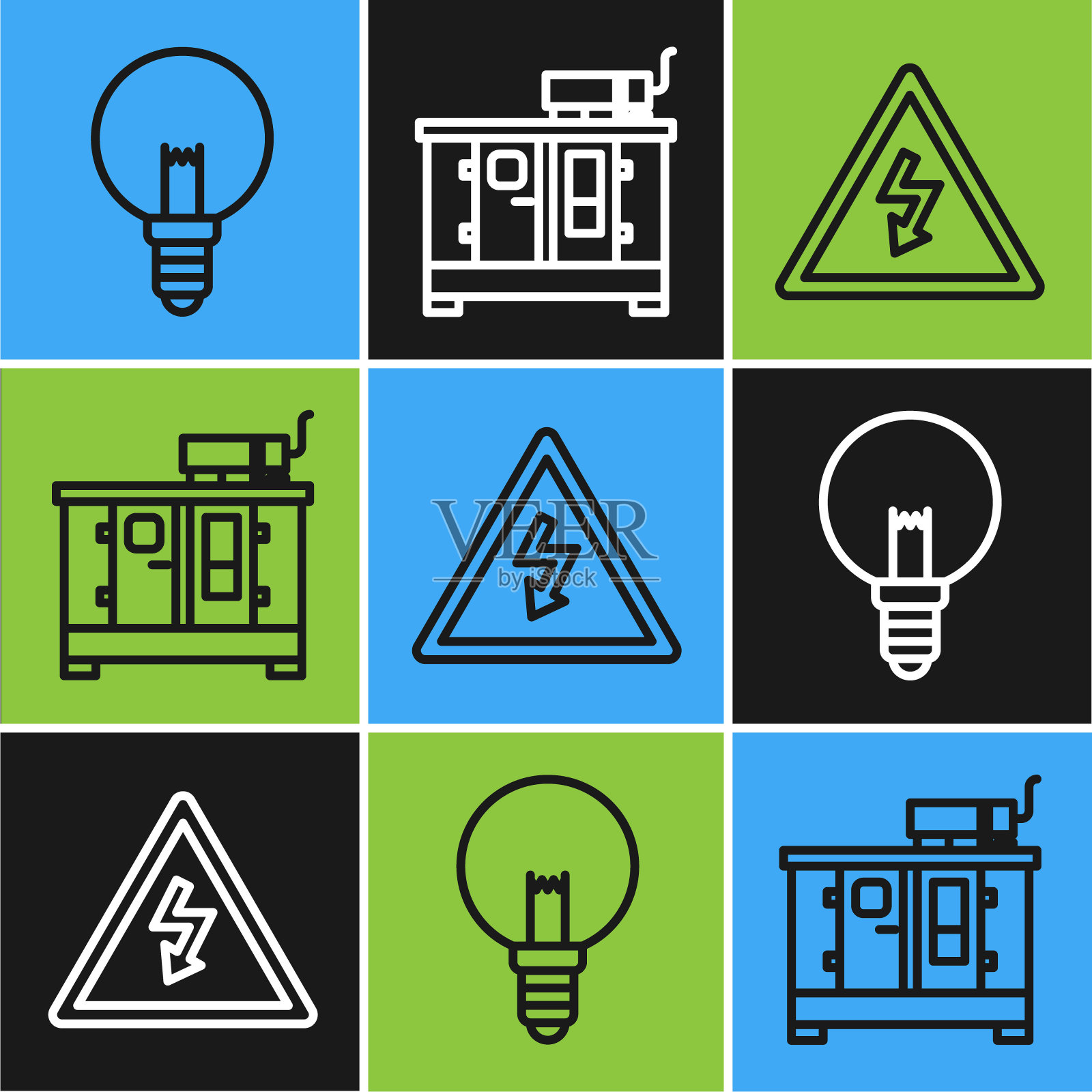 设置线路灯泡，高压标志和柴油发电机图标。向量插画图片素材