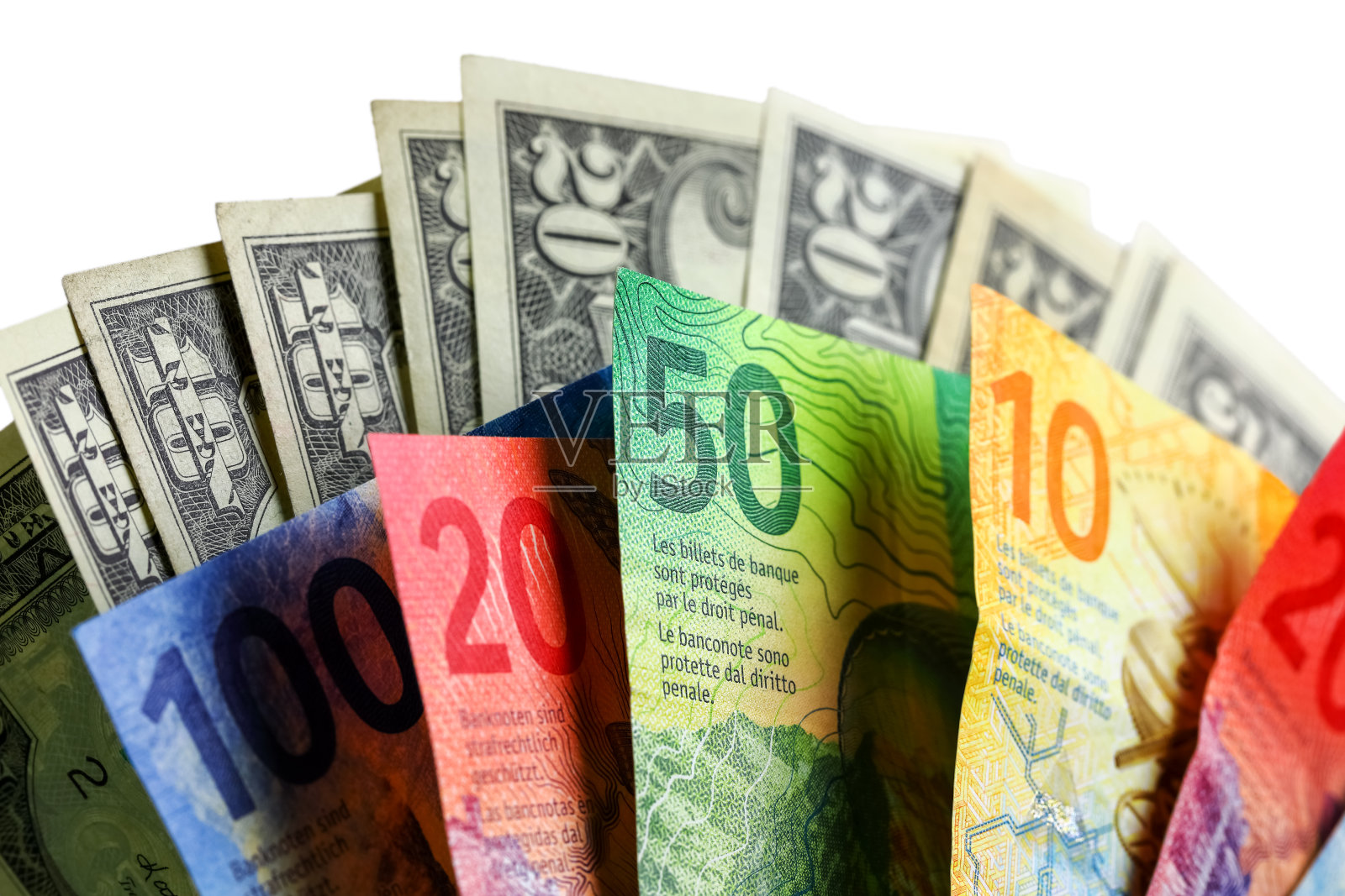 美元和瑞士法郎钞票的扇形照片摄影图片