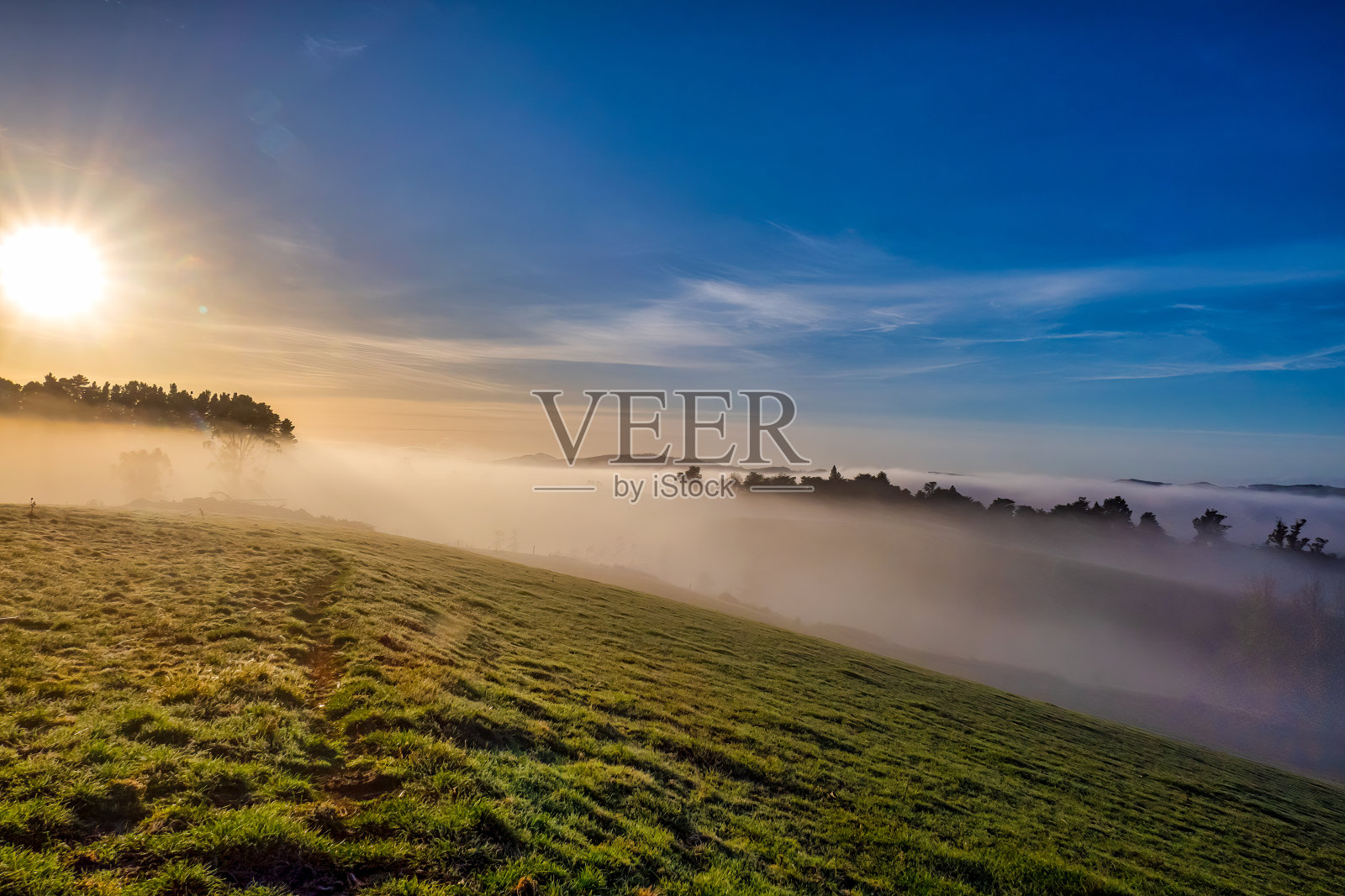 黎明时分山谷里的雾和薄雾照片摄影图片