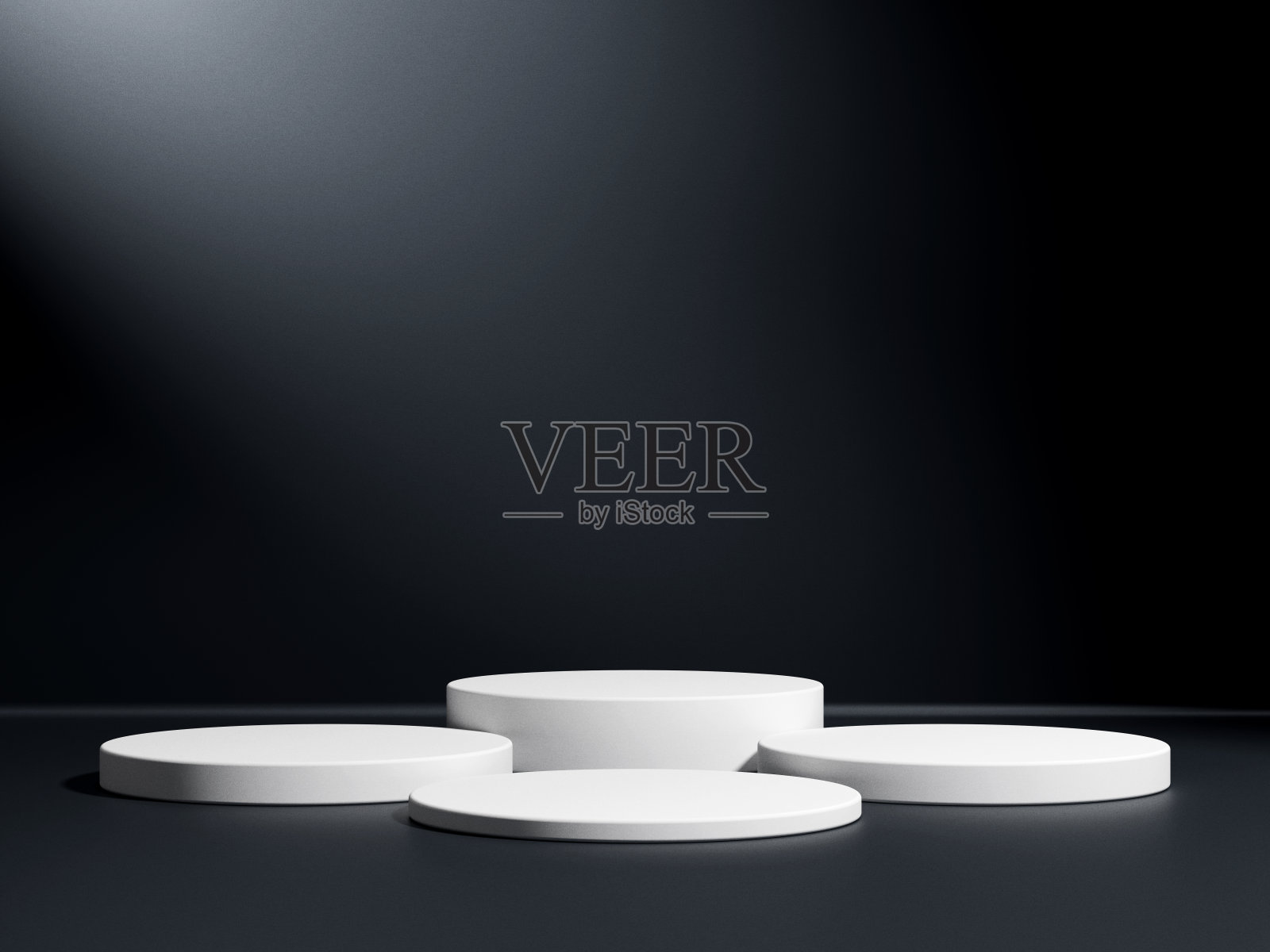 豪华圆形白色讲台与白色背光在抽象的黑色背景。展示您产品的完美平台。三维图解照片摄影图片