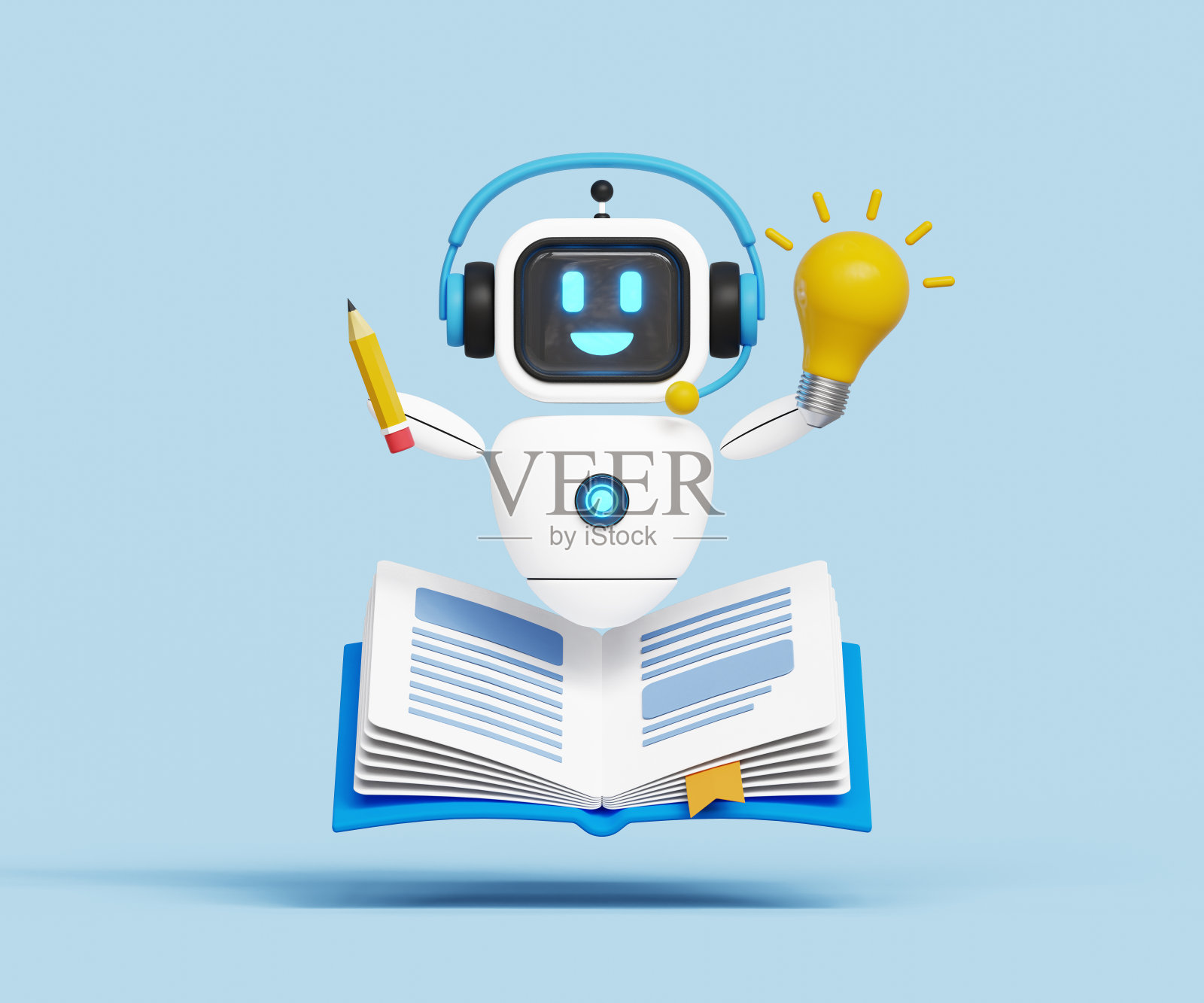 智能AI解决方案概念。在线学习概念。聊天机器人的支持和帮助。创新或自动化，在线课程。3d智能AI聊天机器人打开书和想法灯泡。三维演示照片摄影图片