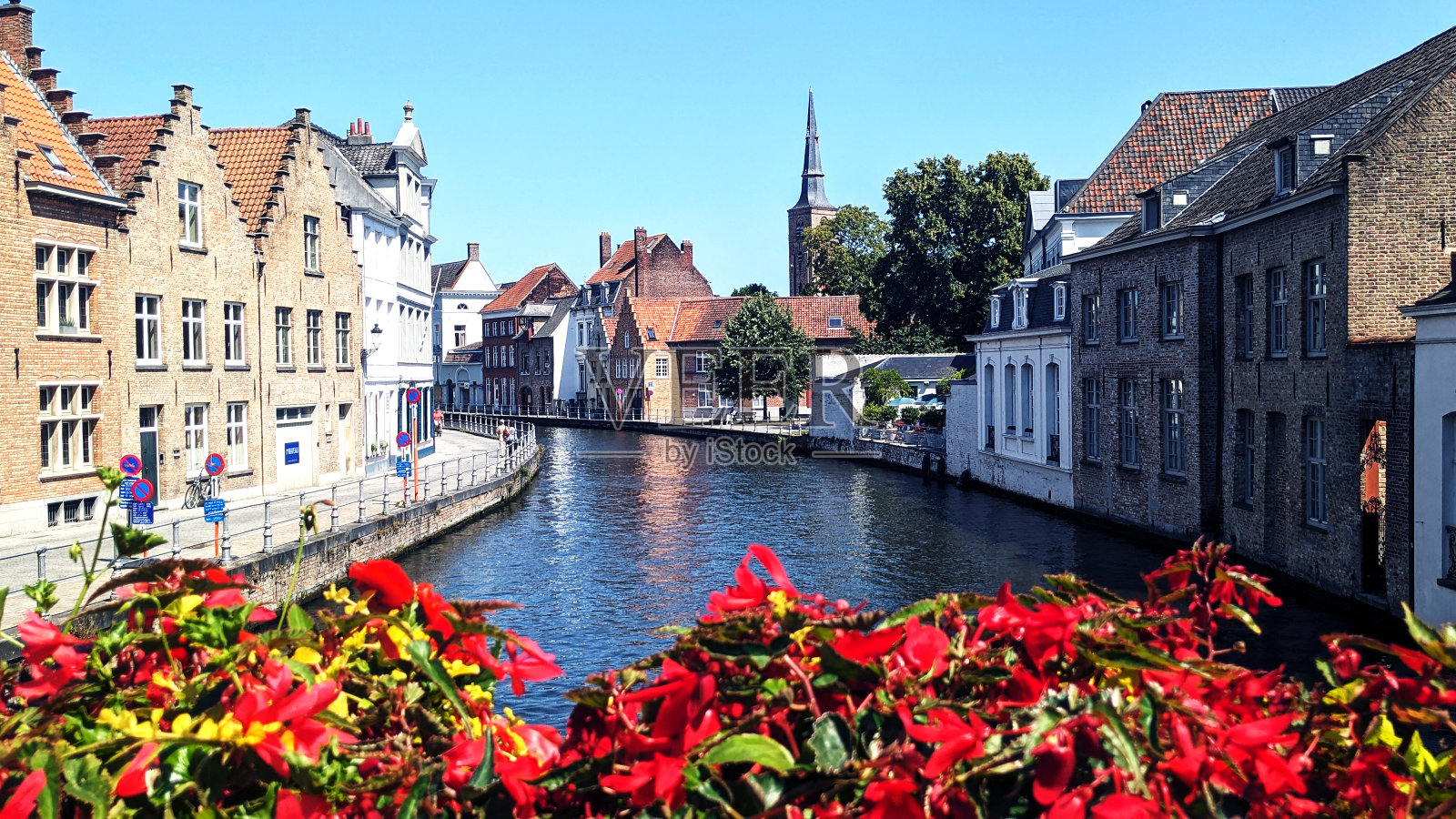 在一个阳光明媚的日子里，比利时美丽的运河风景和五颜六色的花朵照片摄影图片