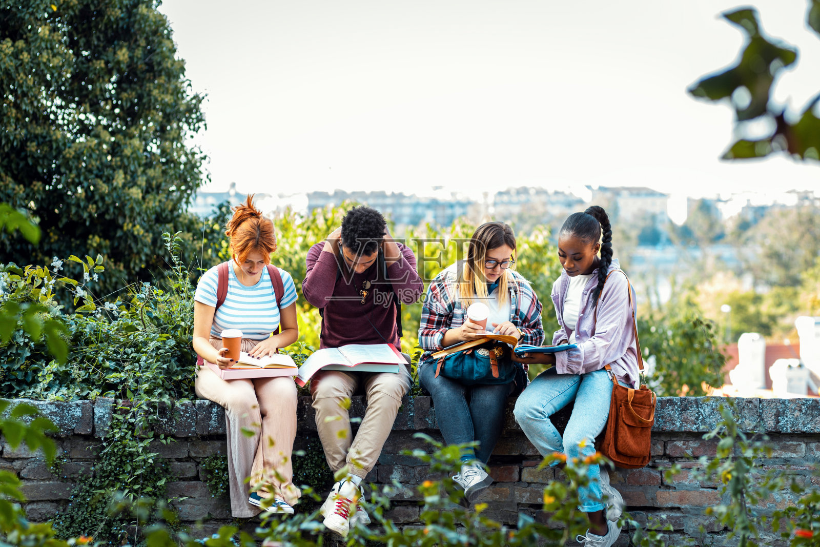 不同群体的学生坐在户外一起聊天和学习。照片摄影图片