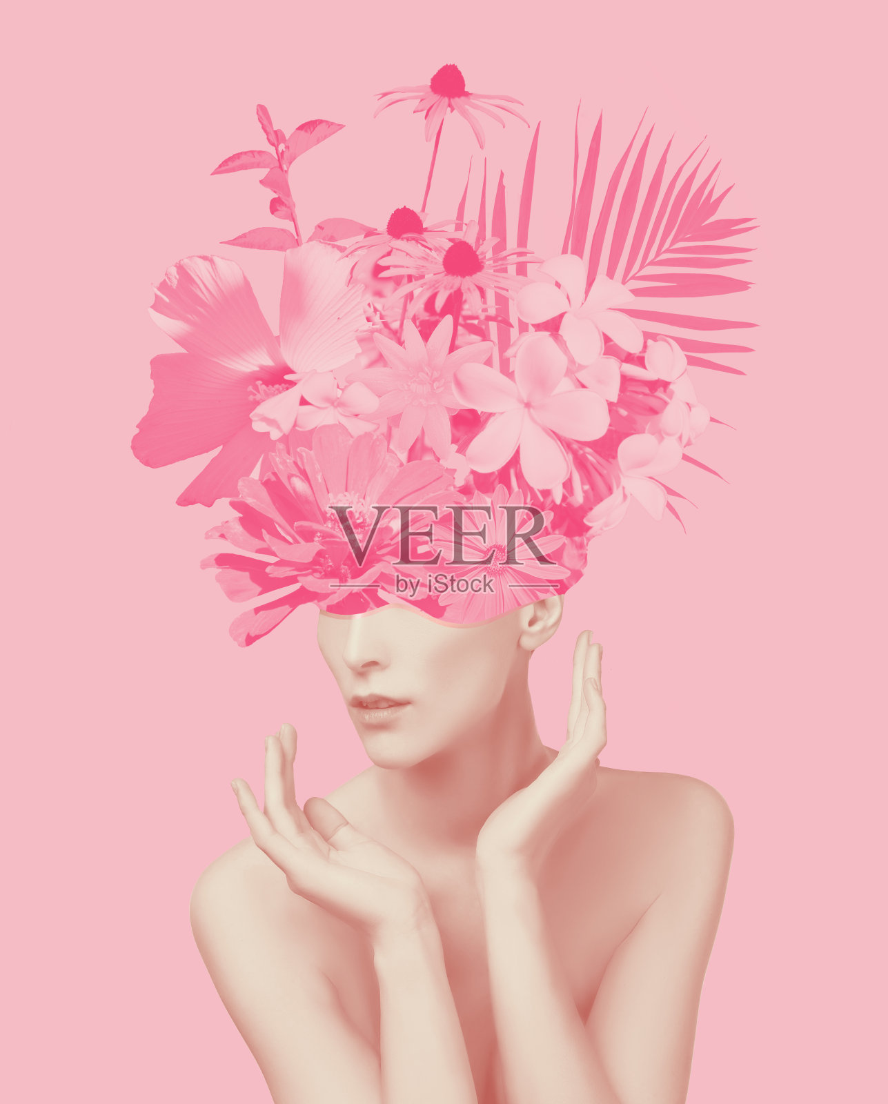 抽象当代艺术拼贴肖像的年轻女子与鲜花在脸上隐藏她的眼睛照片摄影图片