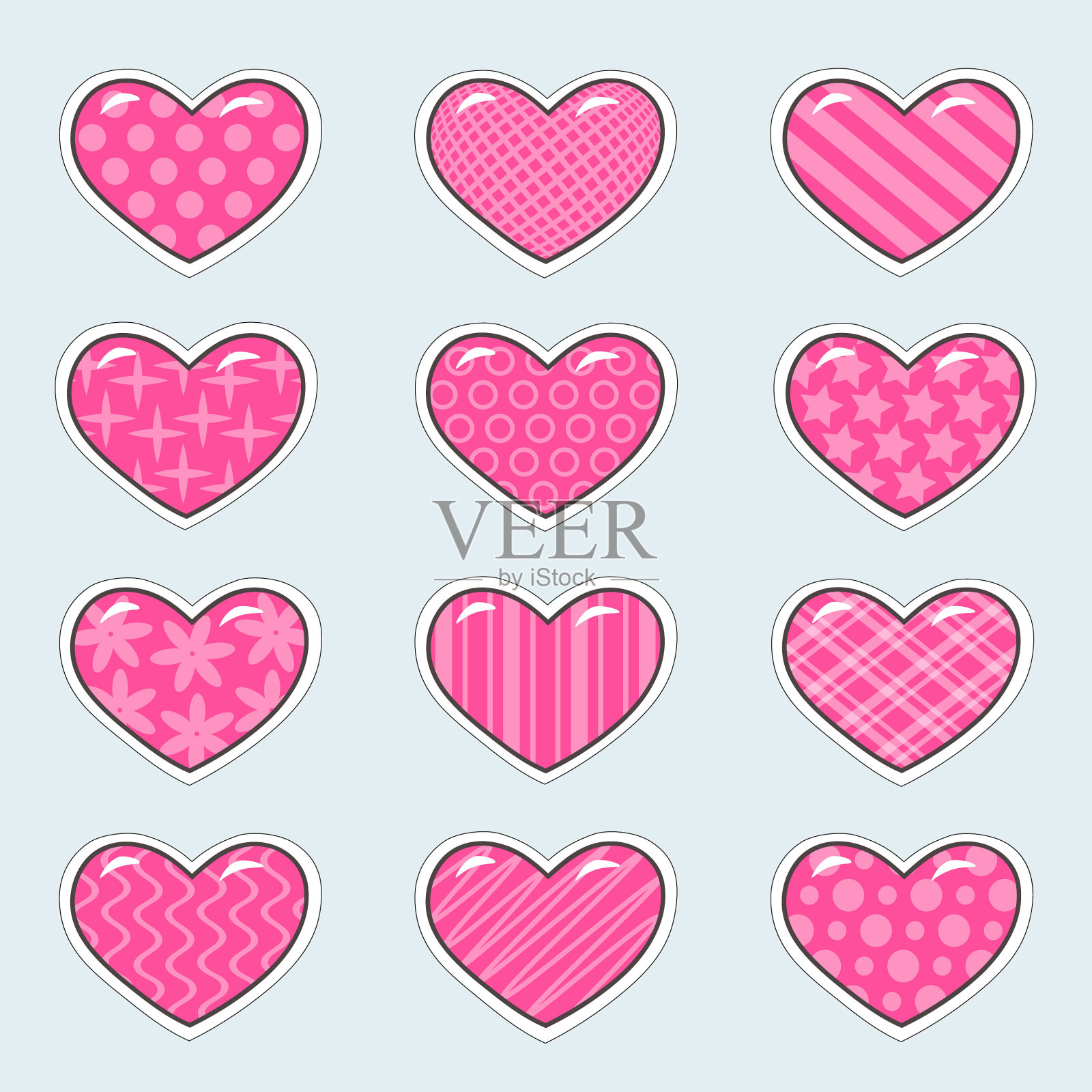 收集可爱的粉红色心形贴纸与图案插画图片素材