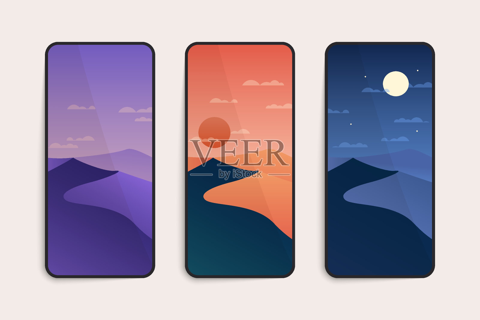 智能手机屏幕与壁纸。抽象手机显示屏配合昼夜沙漠景观，现代UI理念。向量组插画图片素材