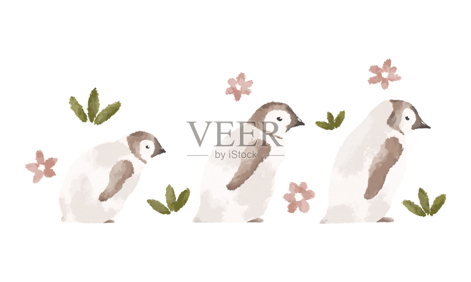 可爱的企鹅走在一行手绘插图插画图片素材