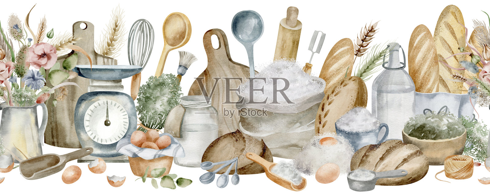 水彩奇思妙想:器皿和烘焙原料在不断重复插画图片素材