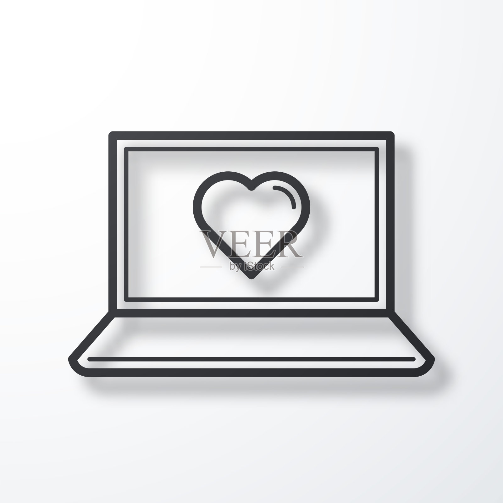 用心的笔记本电脑。线图标与阴影在白色背景插画图片素材