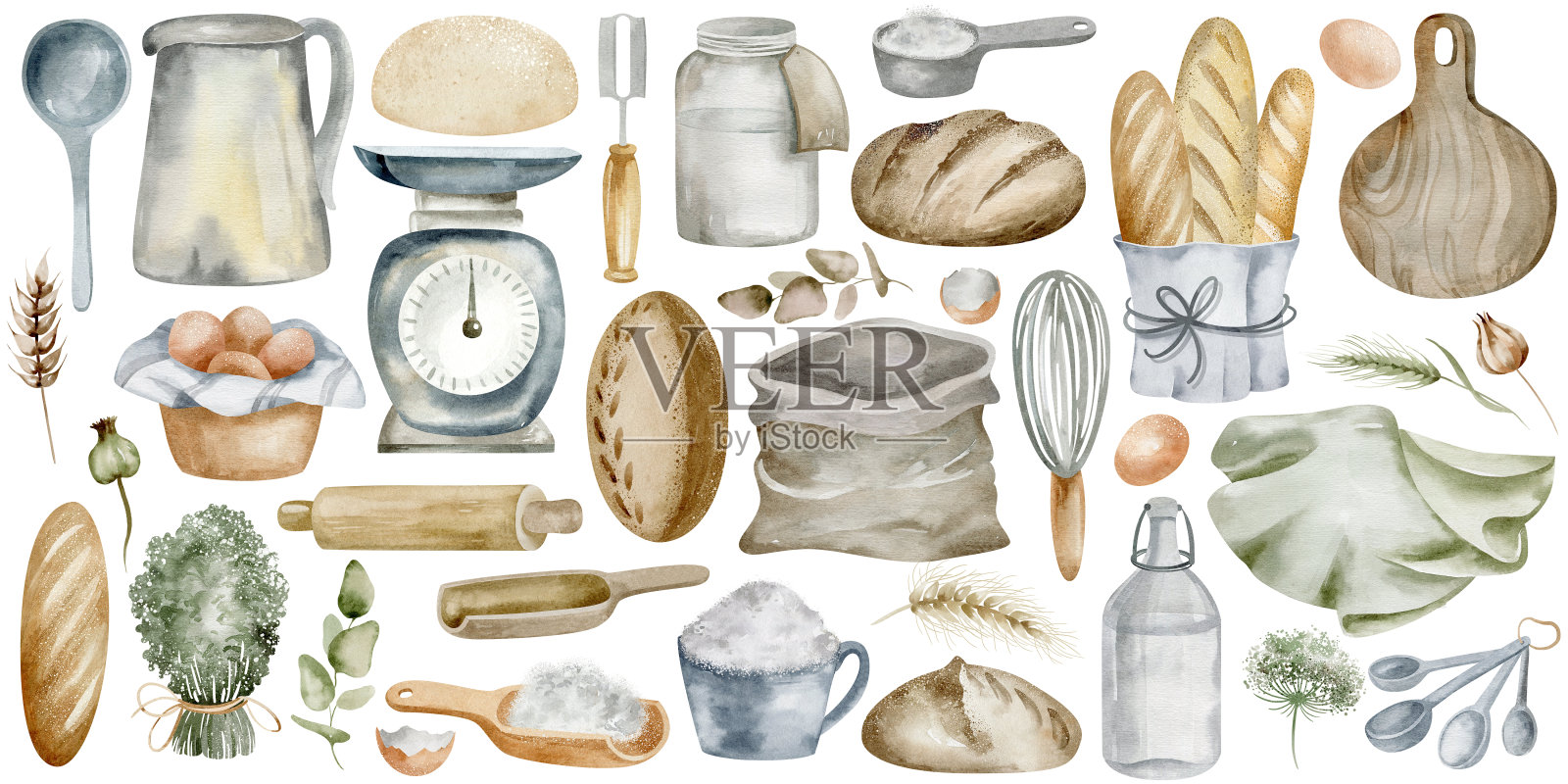 面包师的梦想:水彩烘焙必需品插画图片素材