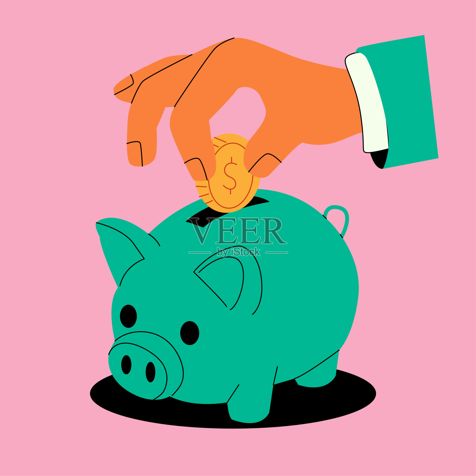 把金币放进存钱罐的手插画图片素材