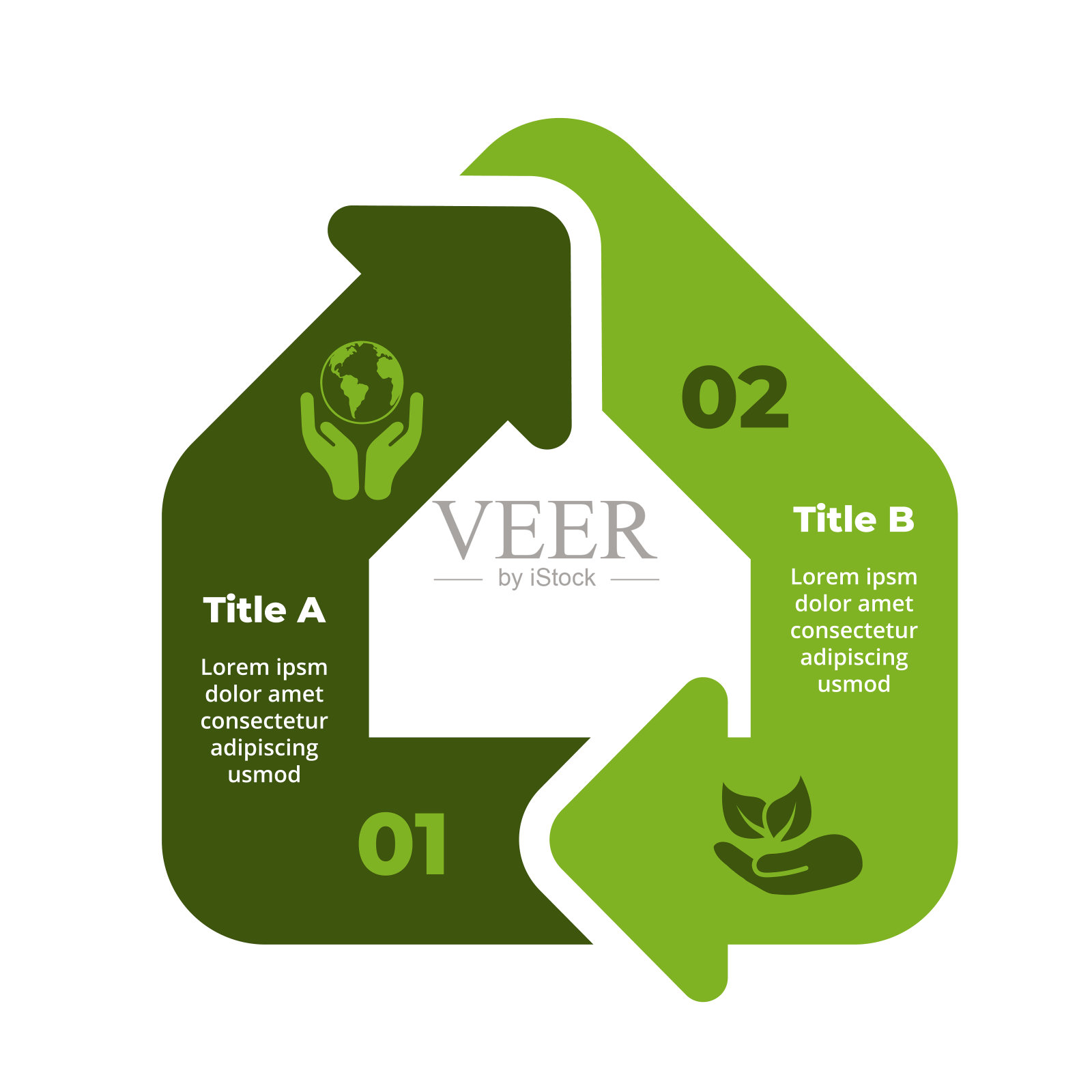 可持续家庭循环信息图。可再生能源。自然的标志。2步零件箭头图。温室图标。环境保护图表。回收住房。环保建筑。智能技术。插画图片素材