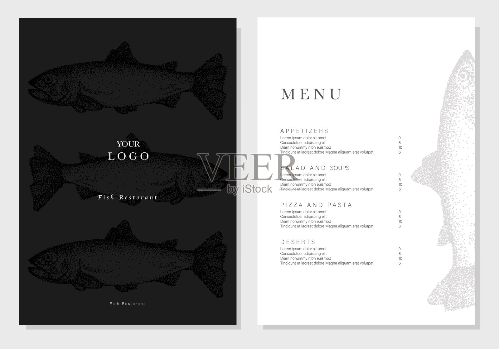 鱼餐厅菜单模板与手绘鱼。复古雕刻风格的样品设计。插画图片素材