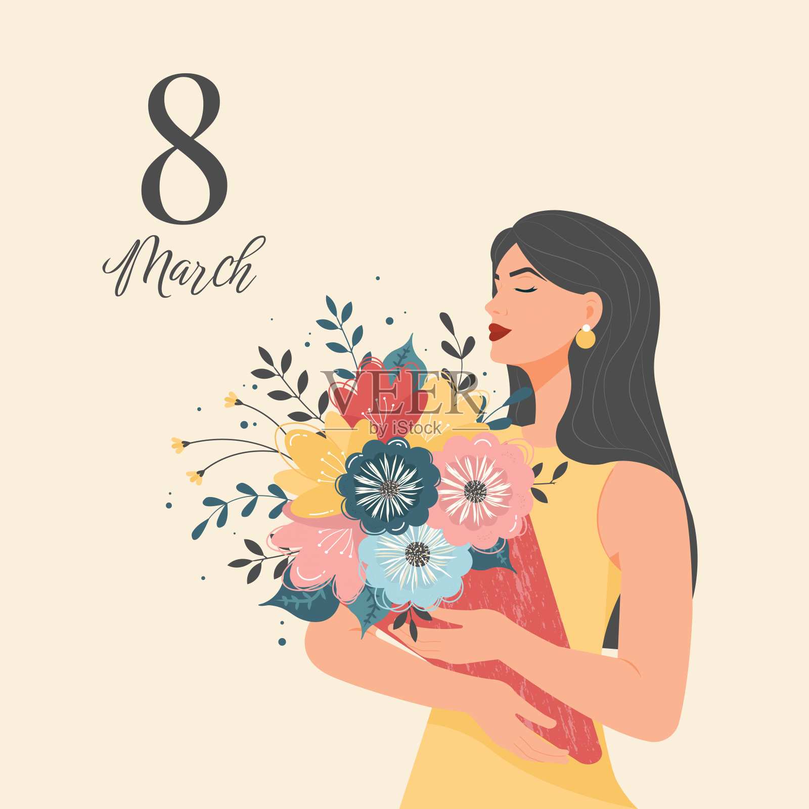 国际妇女节明信片与可爱的女孩与一束花在平面风格。向量插画图片素材