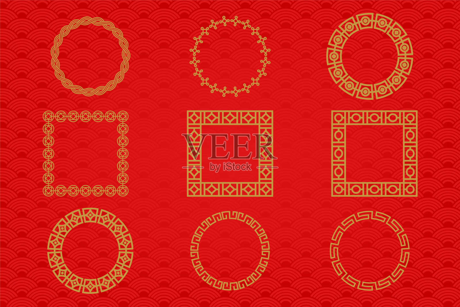 中文框架或边框设置在红色背景上。传统亚洲饰品，金色东方插画图片素材