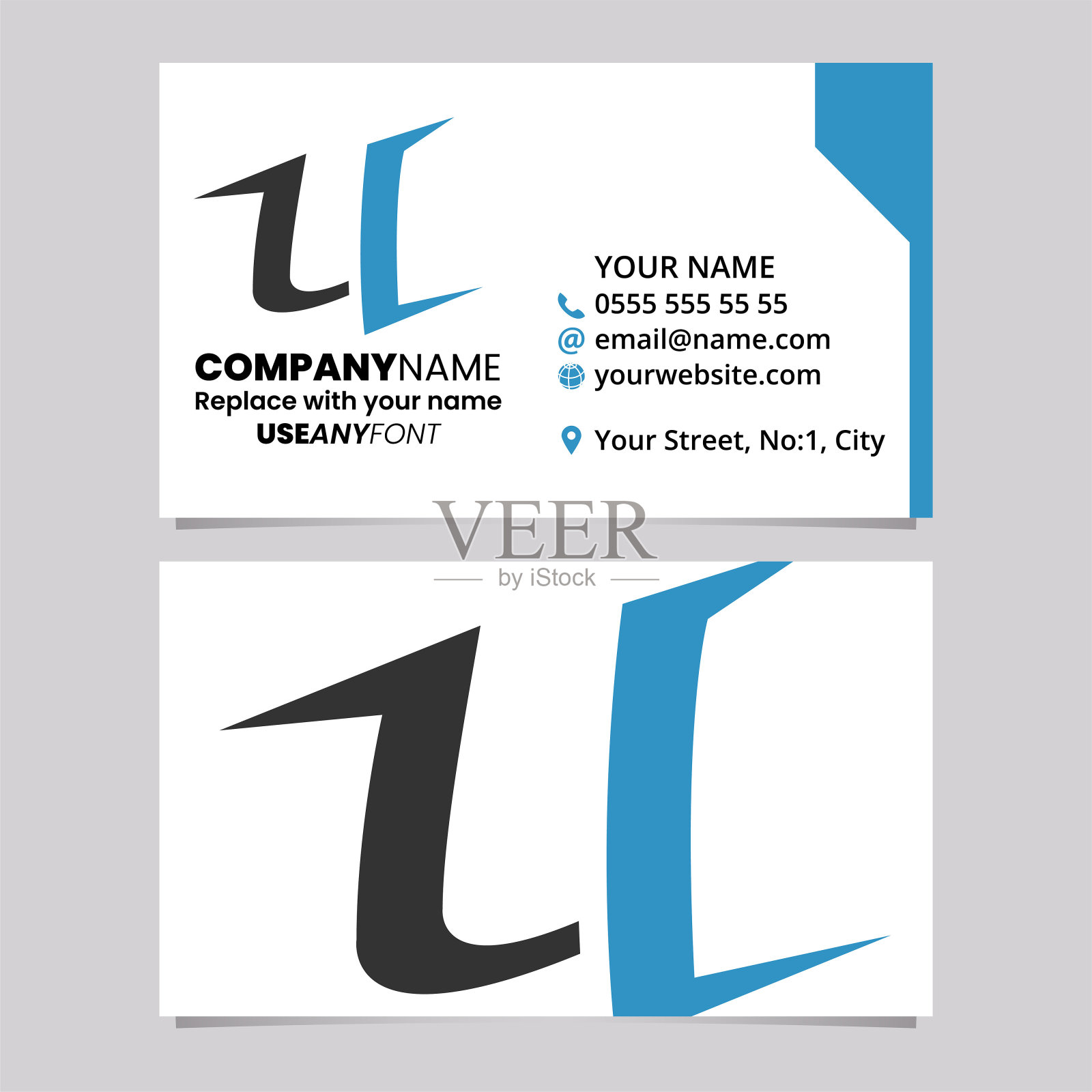 蓝色和黑色名片模板与尖形字母U标志图标插画图片素材