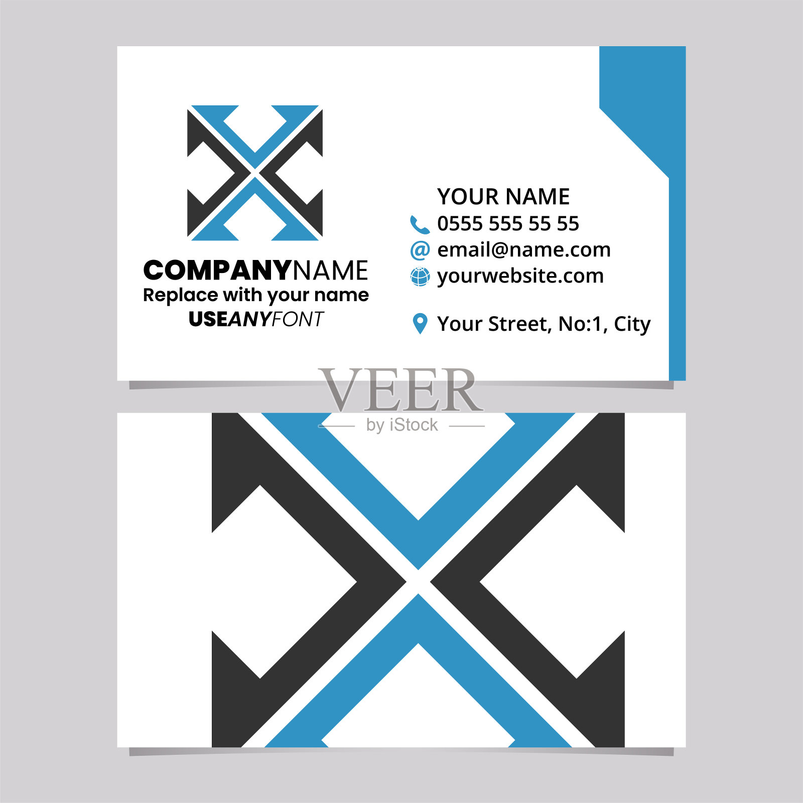 蓝色和黑色名片模板与箭头方形字母X标志图标插画图片素材