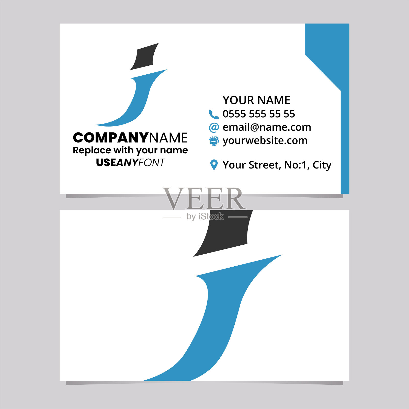 蓝色和黑色名片模板尖的斜体字母J标志图标插画图片素材