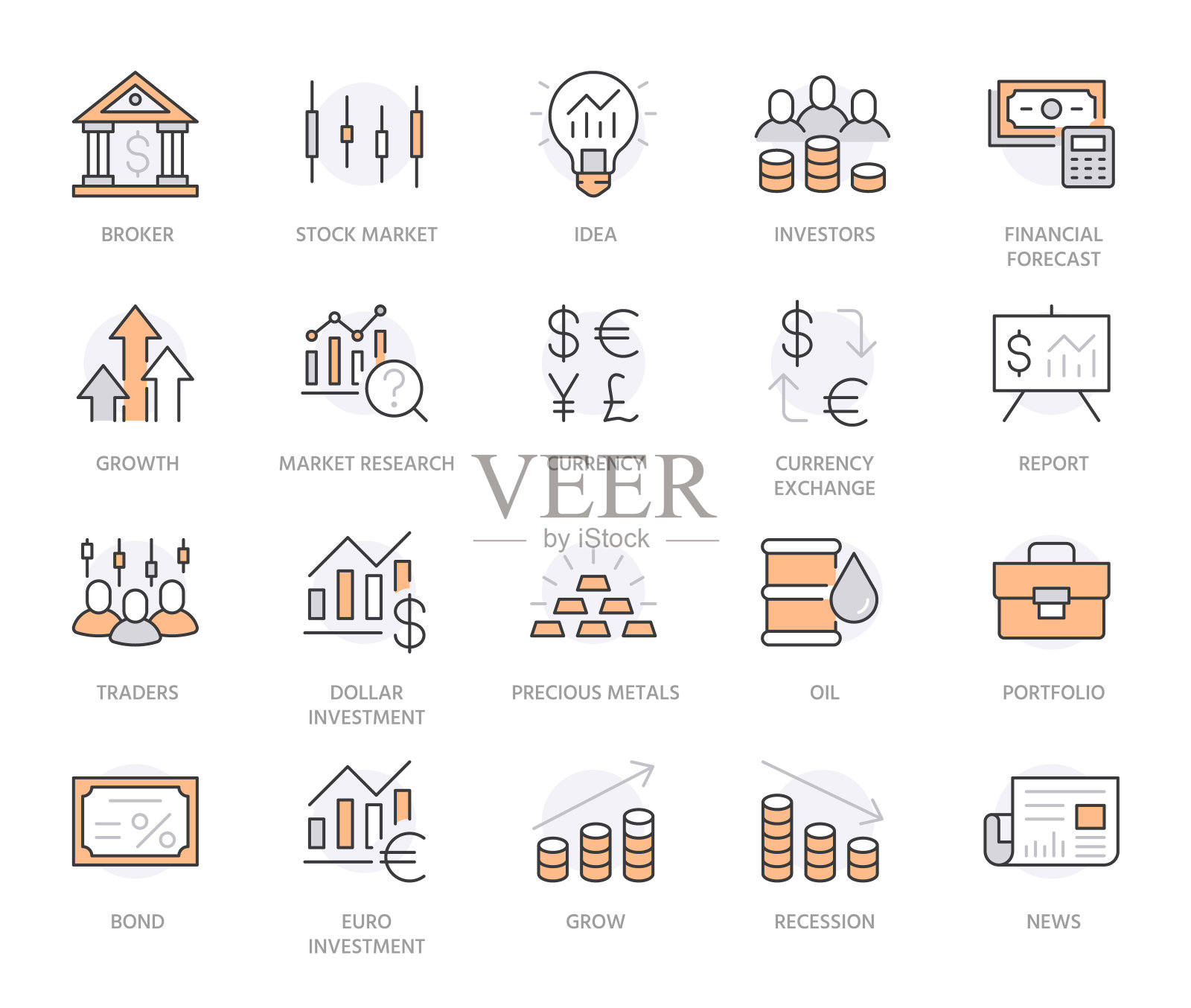 投资线图标集。股票市场，债券，财务分析，经纪人，收入增加最小向量插图。简单概述标志投资者申请。橙颜色。可编辑的中风插画图片素材