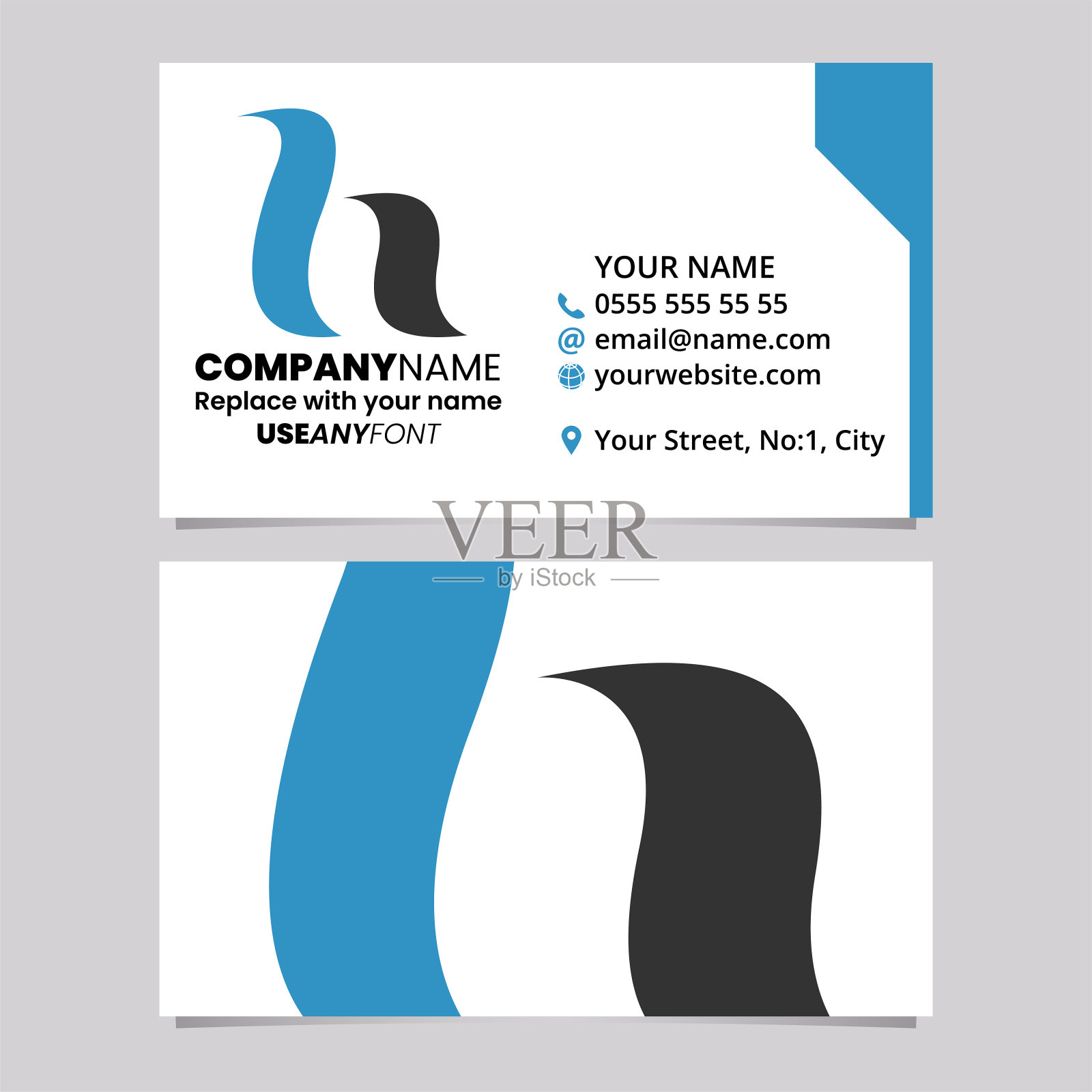 蓝色和黑色名片模板与书法字母H标志图标插画图片素材