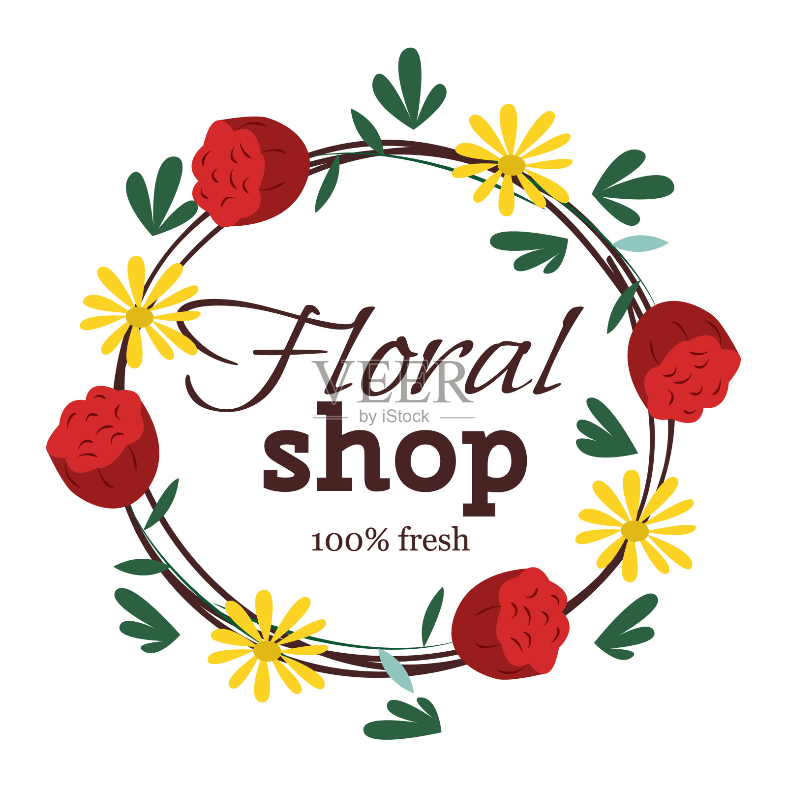 圆形花圈与红色和黄色的花，叶口音。优雅的设计与时尚的字体花店标志。鲜花徽章矢量插图插画图片素材