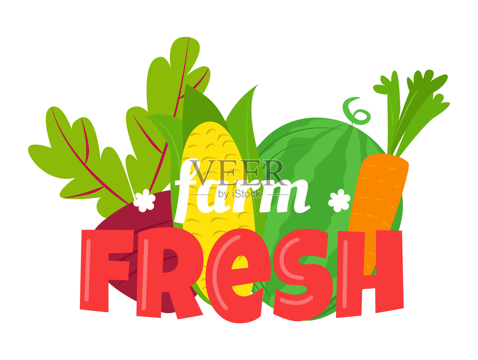 农场新鲜的文字与卡通蔬菜，如甜菜，玉米和胡萝卜。有机食品排版设计与蔬菜矢量插图插画图片素材