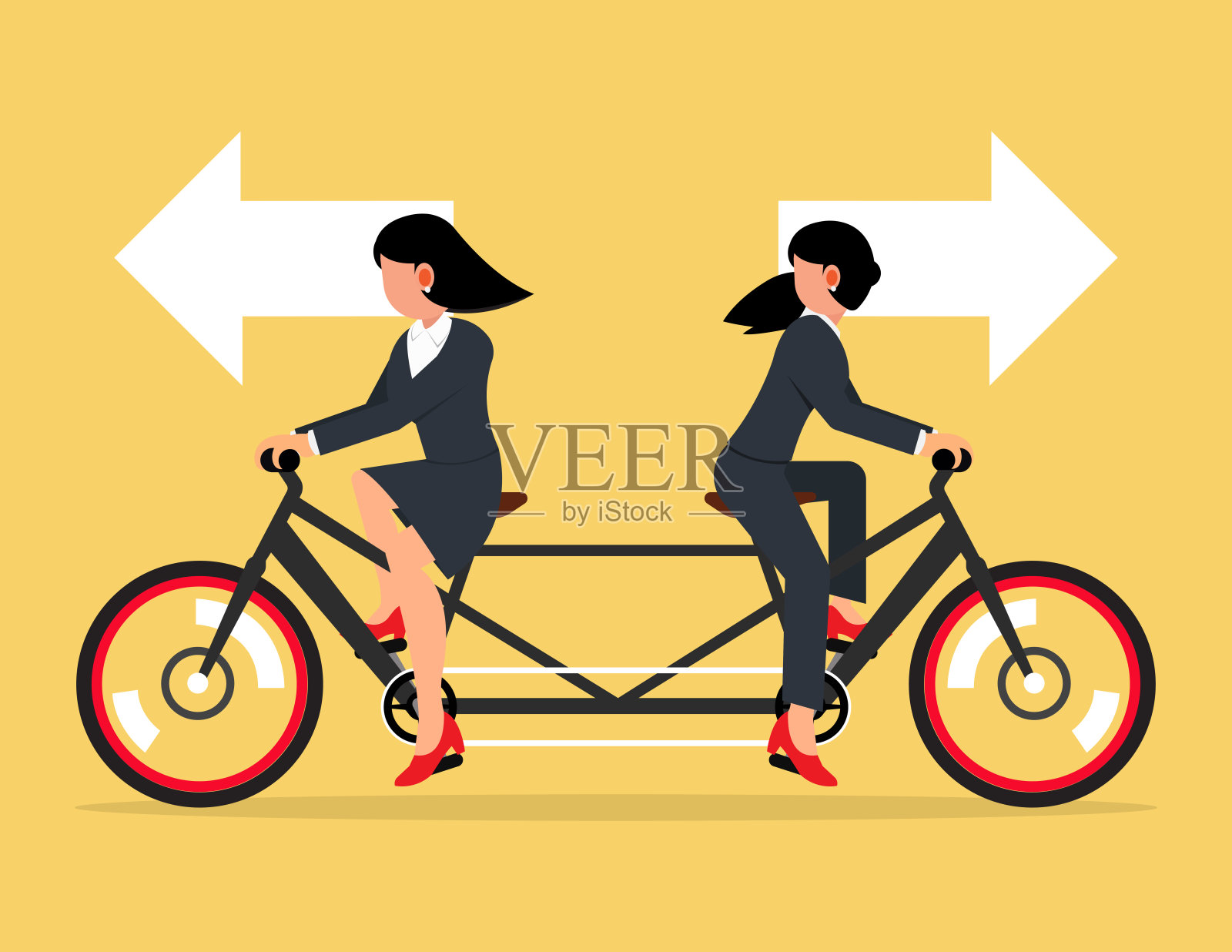 业务冲突或团队冲突。两个女商人朝相反的方向骑自行车。插画图片素材