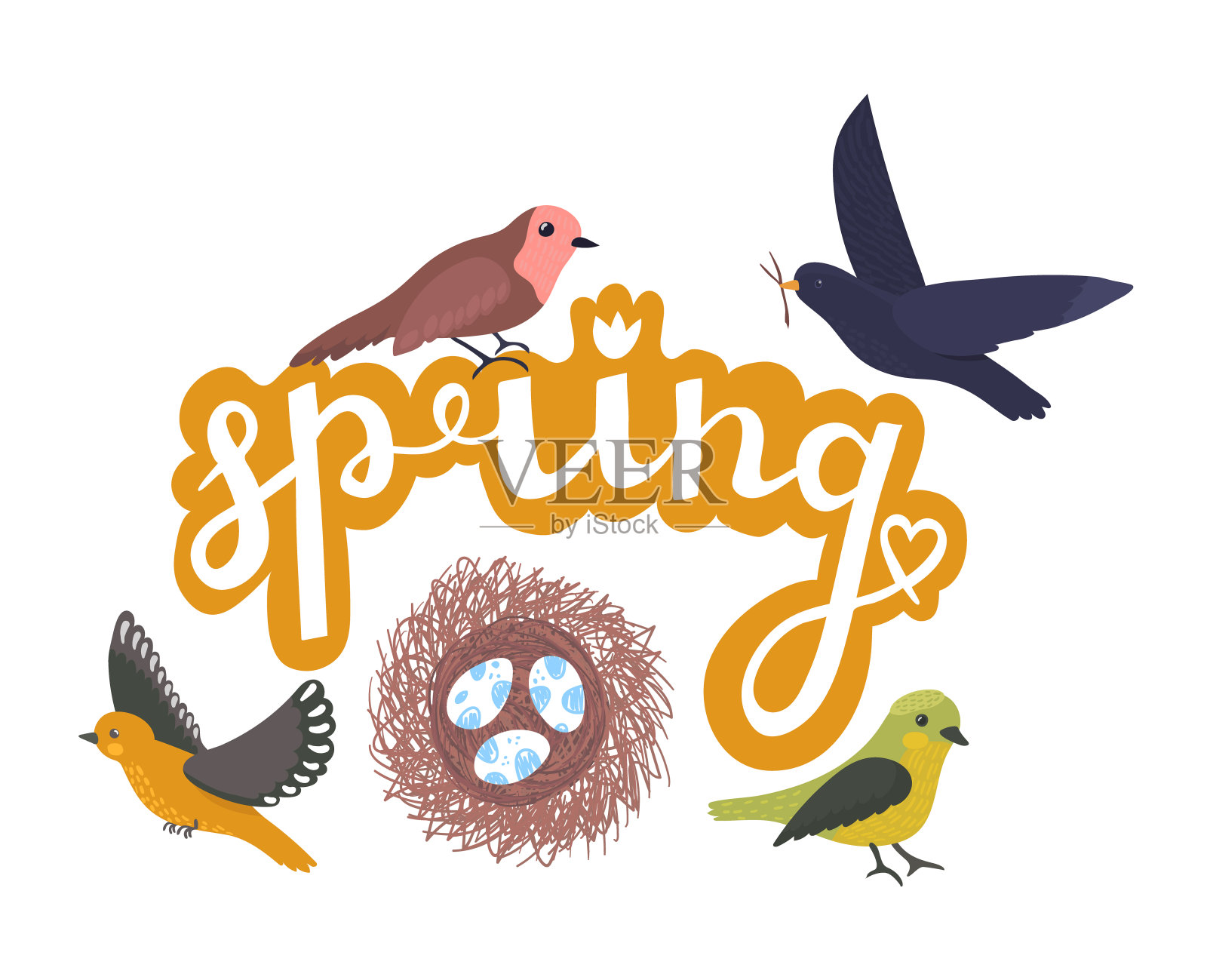 五颜六色的鸟和一窝蛋，配以装饰文字。温暖的季节庆祝，自然，和新的开始矢量插图插画图片素材