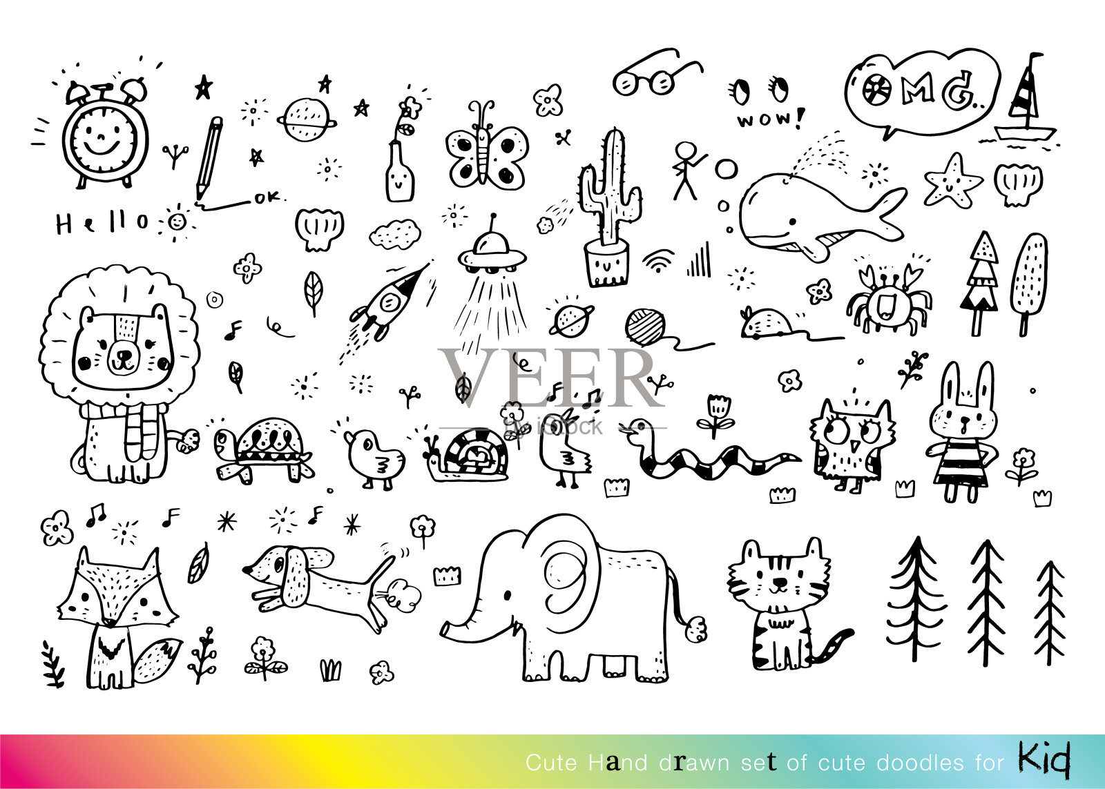 收集手绘可爱的涂鸦，涂鸦儿童绘画，素描在儿童风格的图纸，有趣的涂鸦手绘，页面着色，可爱的动物插画图片素材