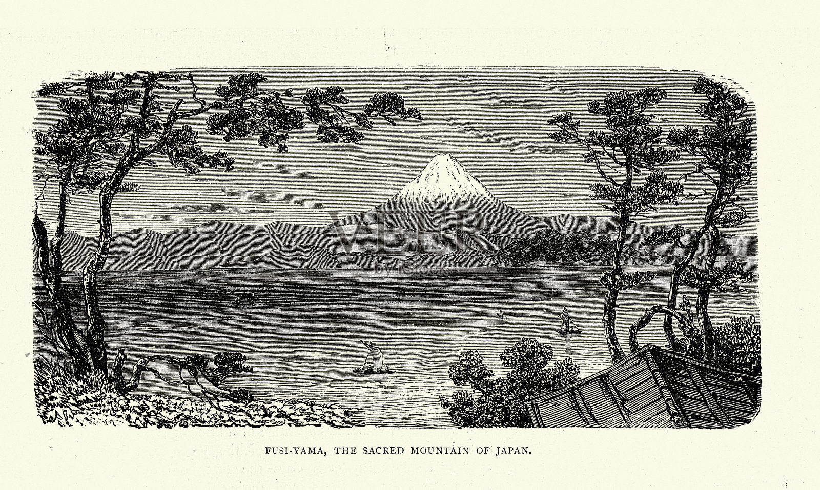 富士山，日本，一个活跃的层状火山位于日本本州岛，19世纪插画图片素材