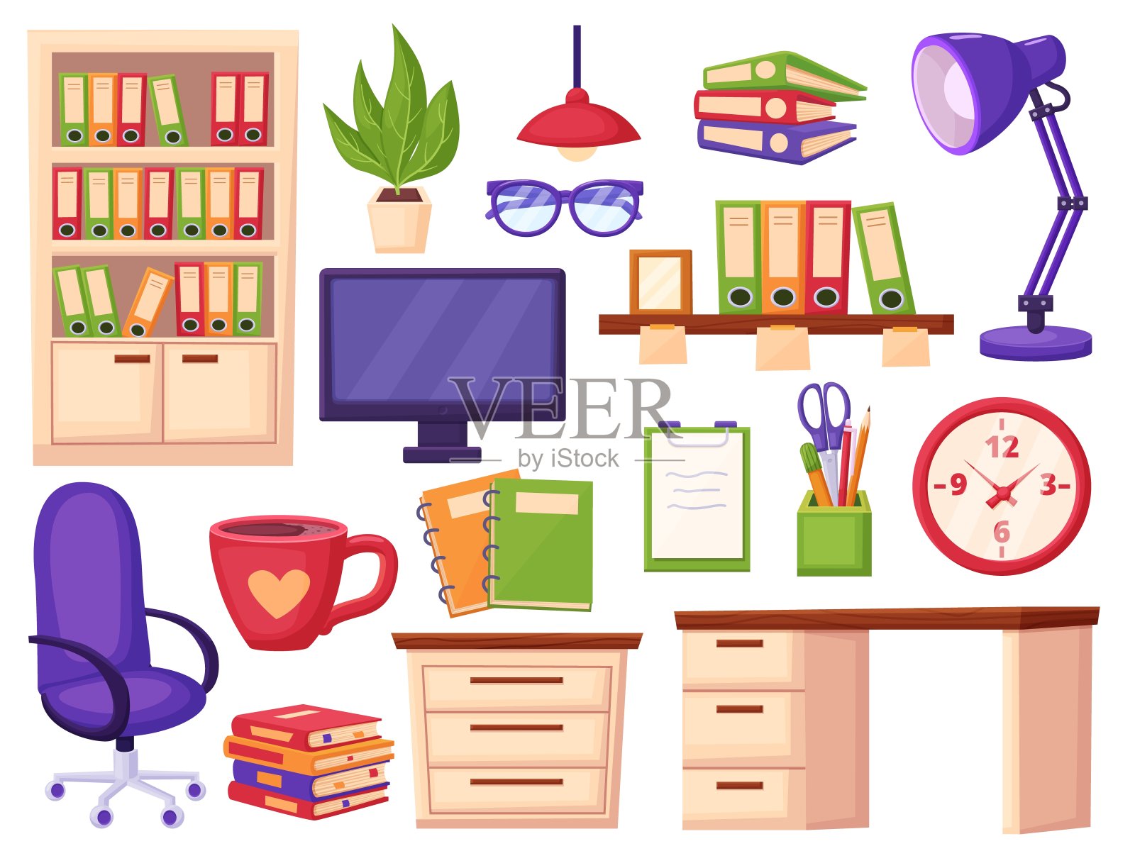 办公家具及文具。现代橱柜或教室设备。书桌，工作椅和书架与文件夹，目前矢量集插画图片素材