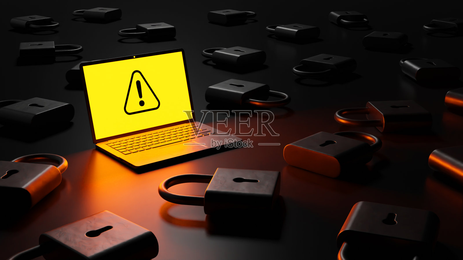 带密钥的笔记本电脑，保护网络安全电脑和安全您的数据概念3D渲染照片摄影图片