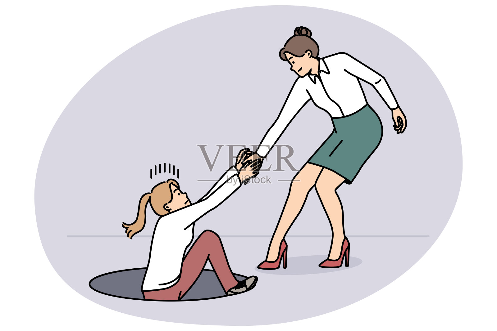 商业女性帮助同事从舱口逃生插画图片素材