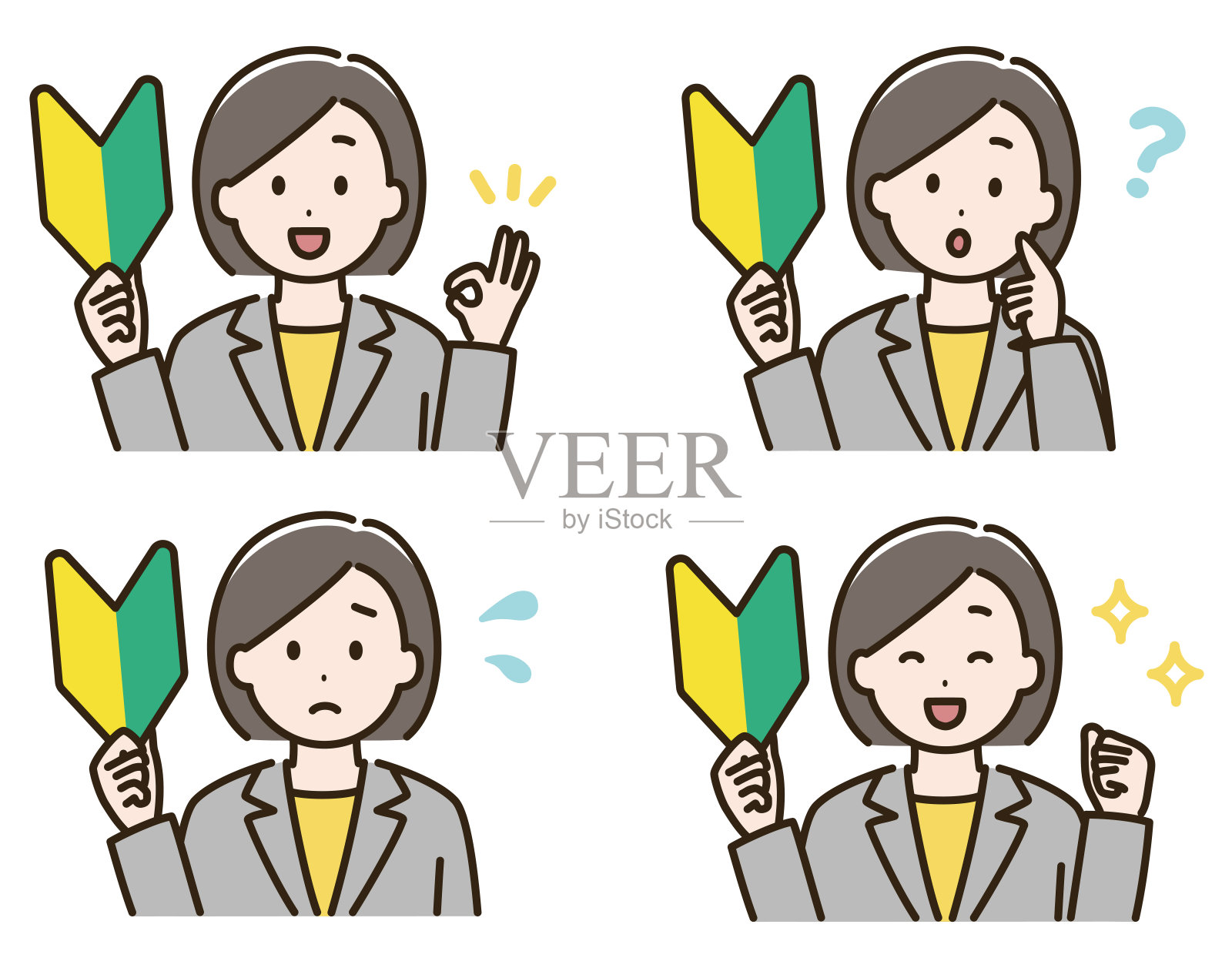 一组穿着西装的女人的面部表情变化的插图，带有初学者的标记。(肤色版本)插画图片素材