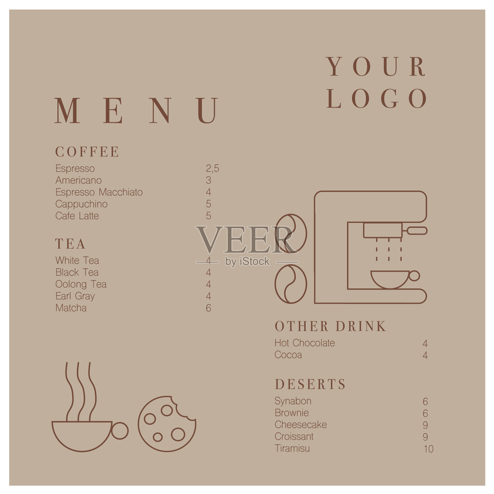 咖啡厅设计菜单。咖啡饮料菜单价格表的咖啡馆，咖啡店矢量模板。插画图片素材