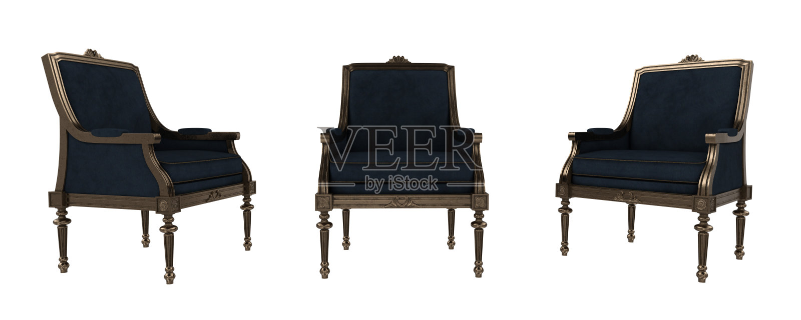 复古风格扶手椅，蓝色内饰。3个不同角度的独立3D渲染集。照片摄影图片