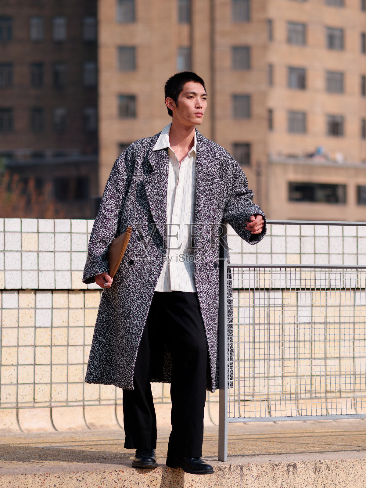 英俊的中国年轻人，黑色短发，穿着羊毛大衣，在阳光明媚的冬日，以现代城市建筑为背景，男性时尚，凉爽的亚洲年轻人的肖像。照片摄影图片