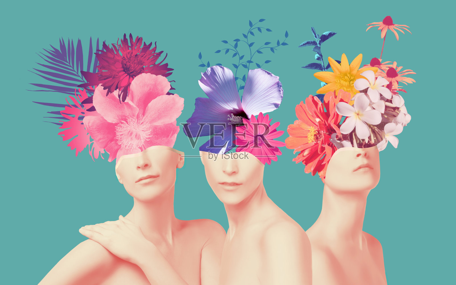 抽象当代艺术拼贴肖像的年轻女子与鲜花在脸上隐藏她的眼睛照片摄影图片