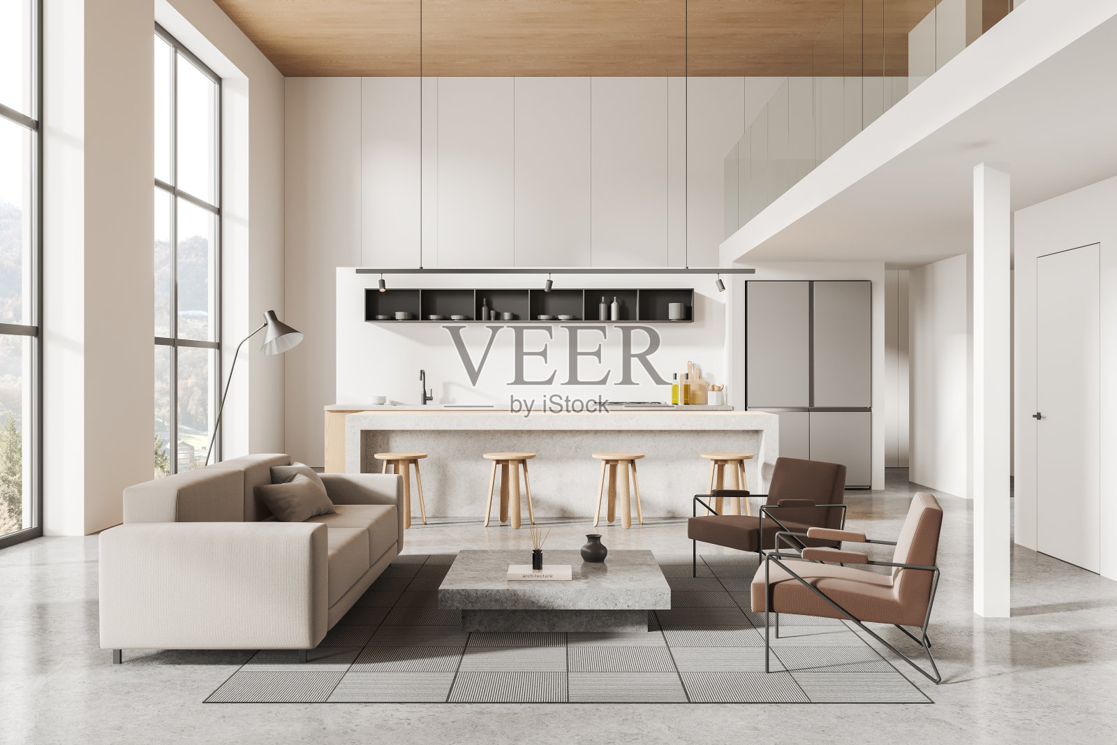 白色的客厅和厨房内部照片摄影图片