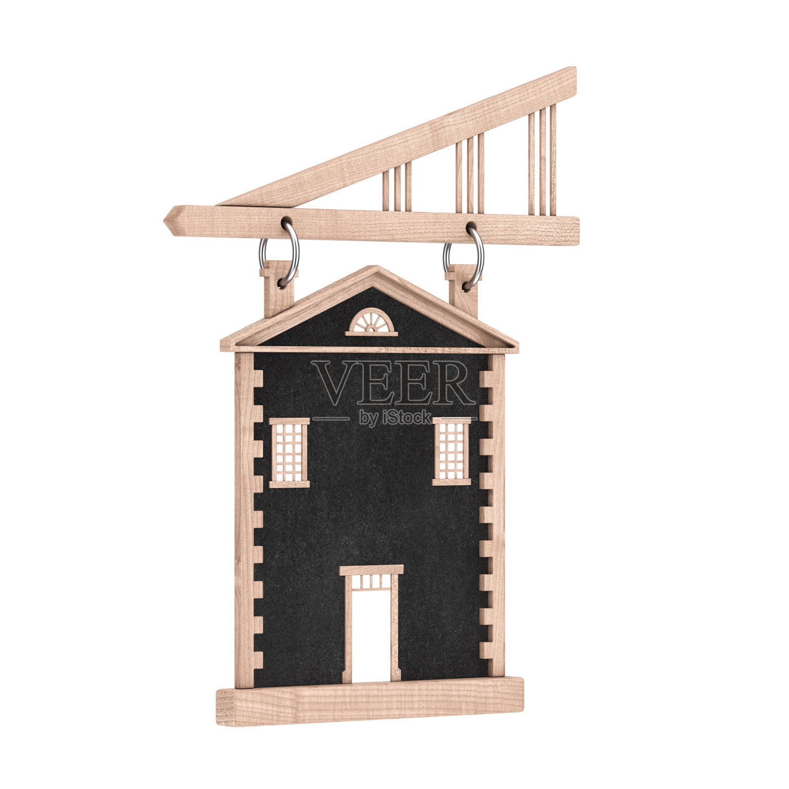 木屋形状的悬挂标志，空黑板供你设计。3d渲染照片摄影图片