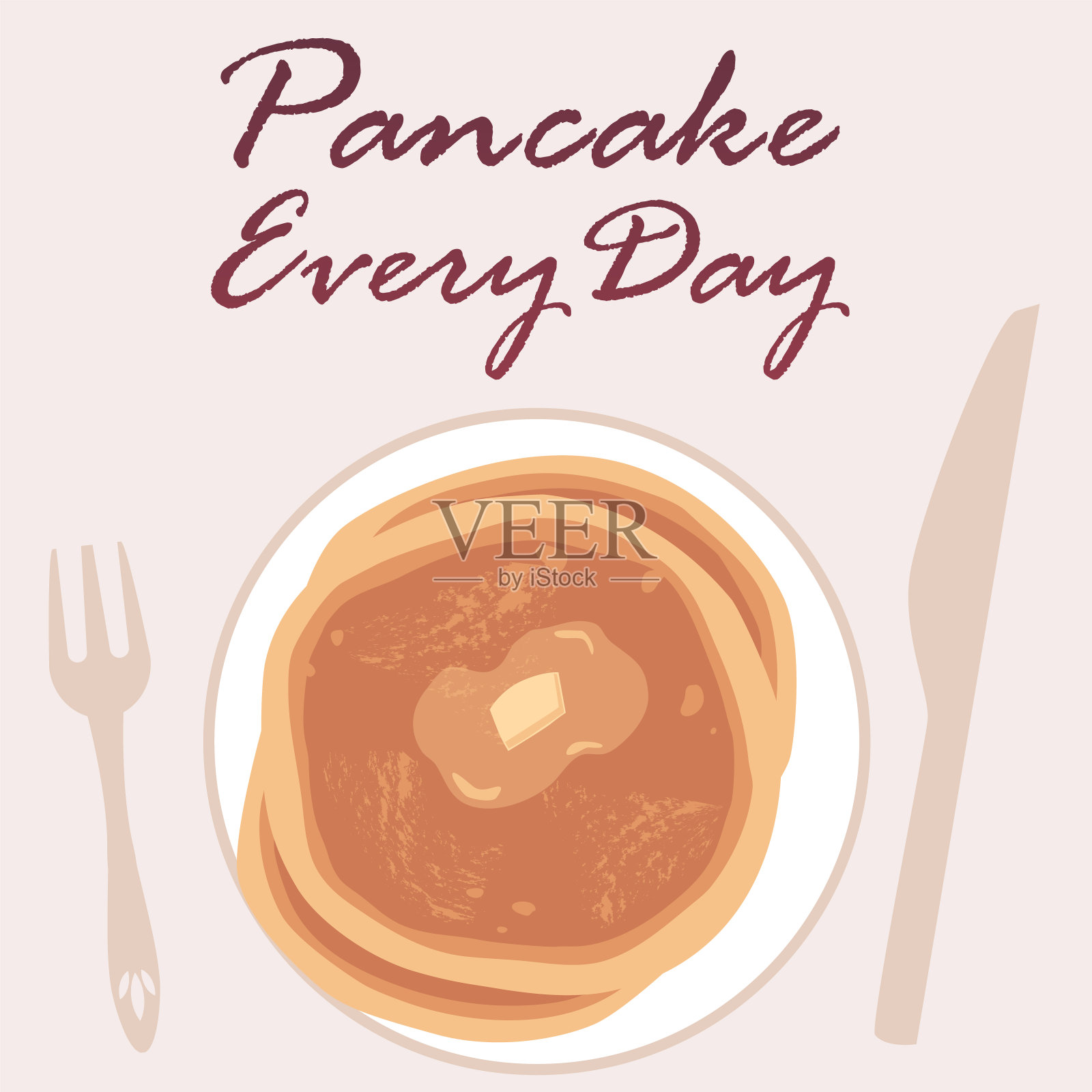 叠煎饼与黄油在一个盘子上，刀叉餐具，美味的烘焙食品，煎饼每天矢量海报插画图片素材